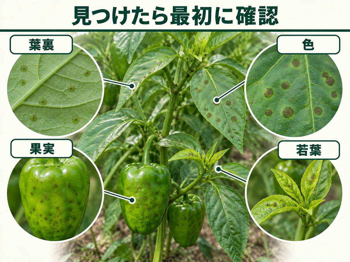 ピーマン斑点細菌病を見つけたときに確認する葉裏、病斑の色、果実、若葉の症状を示した図解