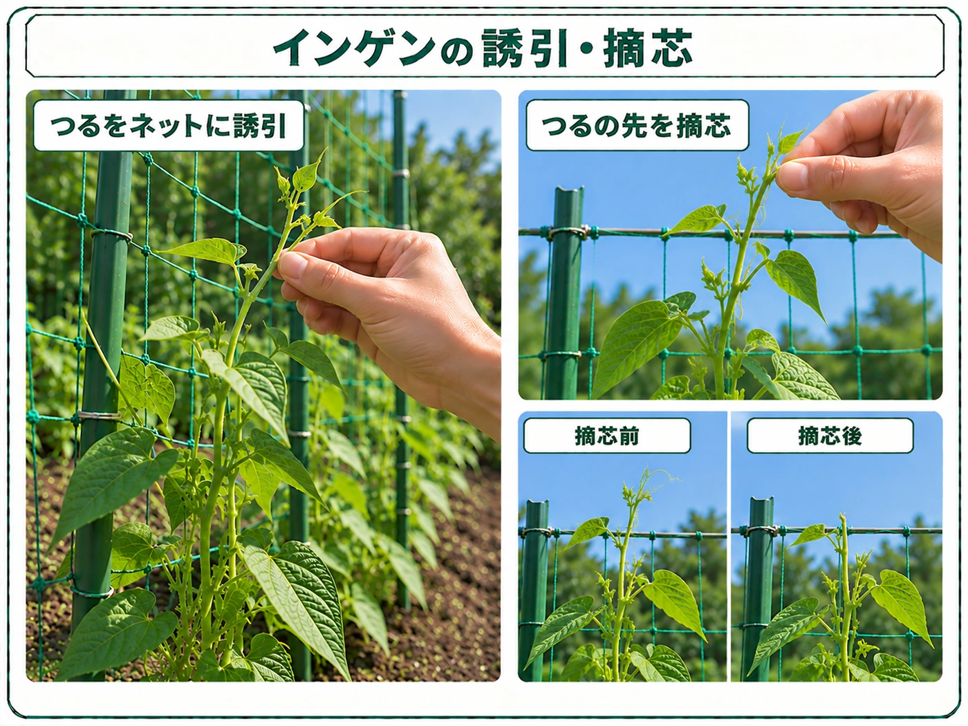 つるありインゲンのつるをネットへ誘引し支柱上部で摘芯する方法