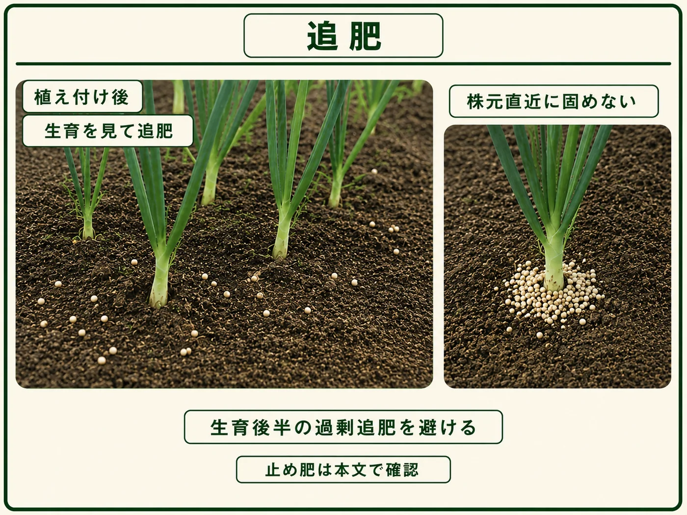 タマネギの生育を見ながら株元直近を避けて追肥する方法