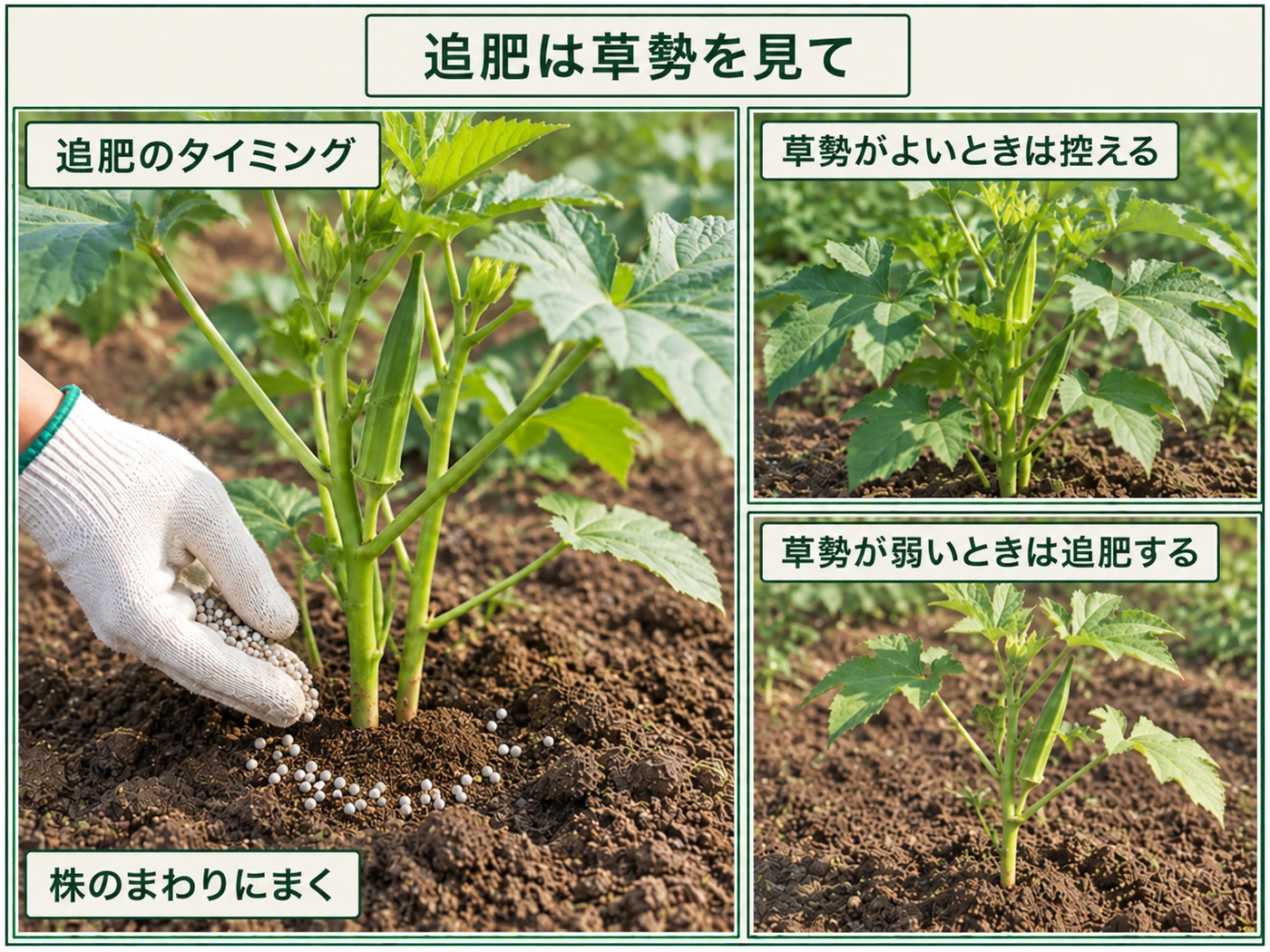 オクラの草勢を見て株の周りへ追肥する方法