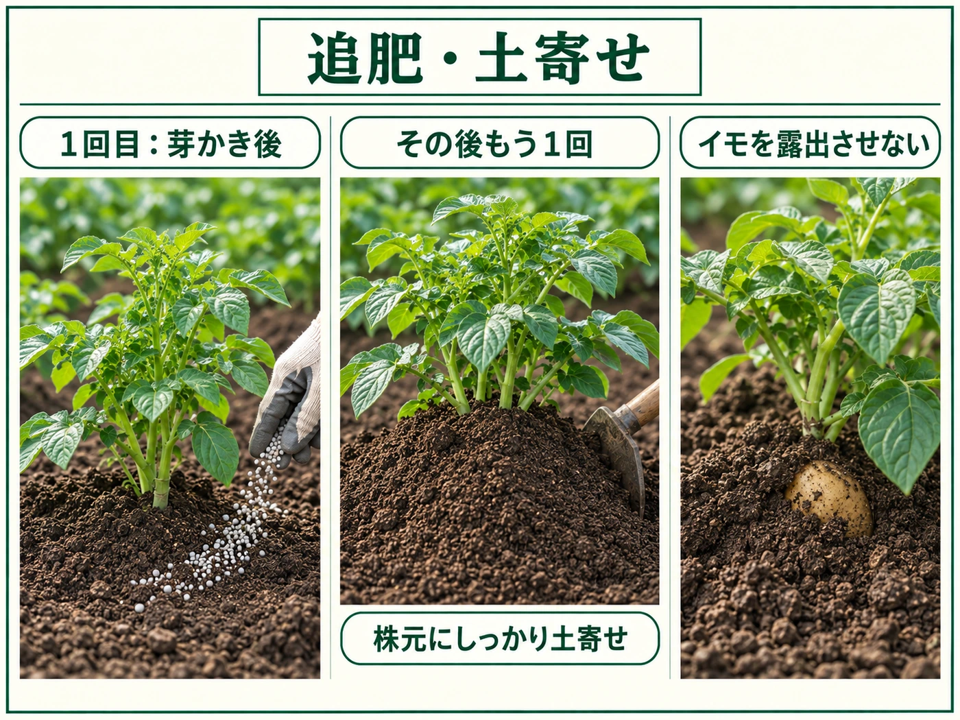 ジャガイモを芽かき後から2回に分けて追肥し、株元へ土寄せしてイモの露出を防ぐ方法