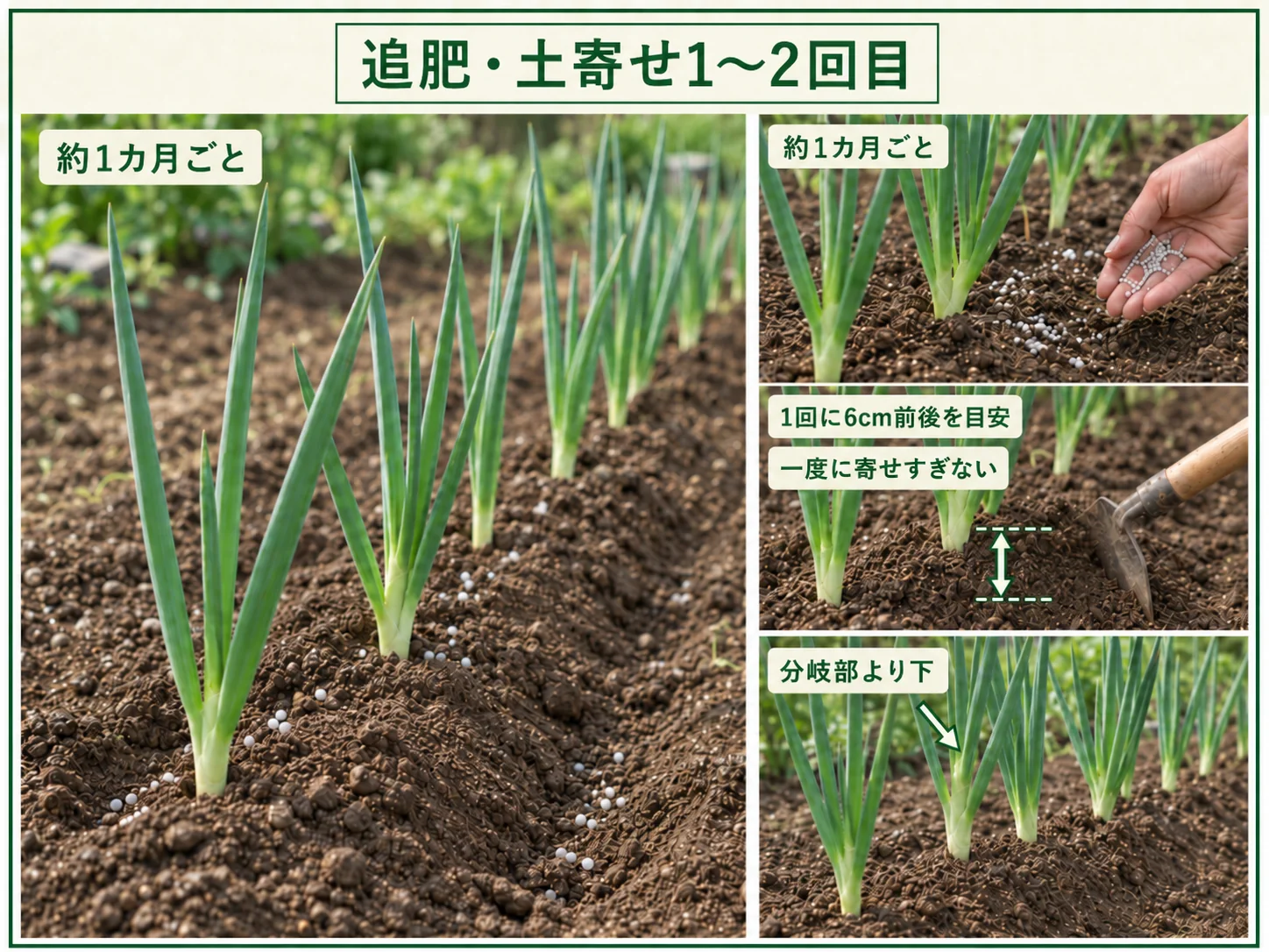長ネギへ約1カ月ごとに追肥し、1回6cm前後を目安に分岐部より下まで土寄せする方法