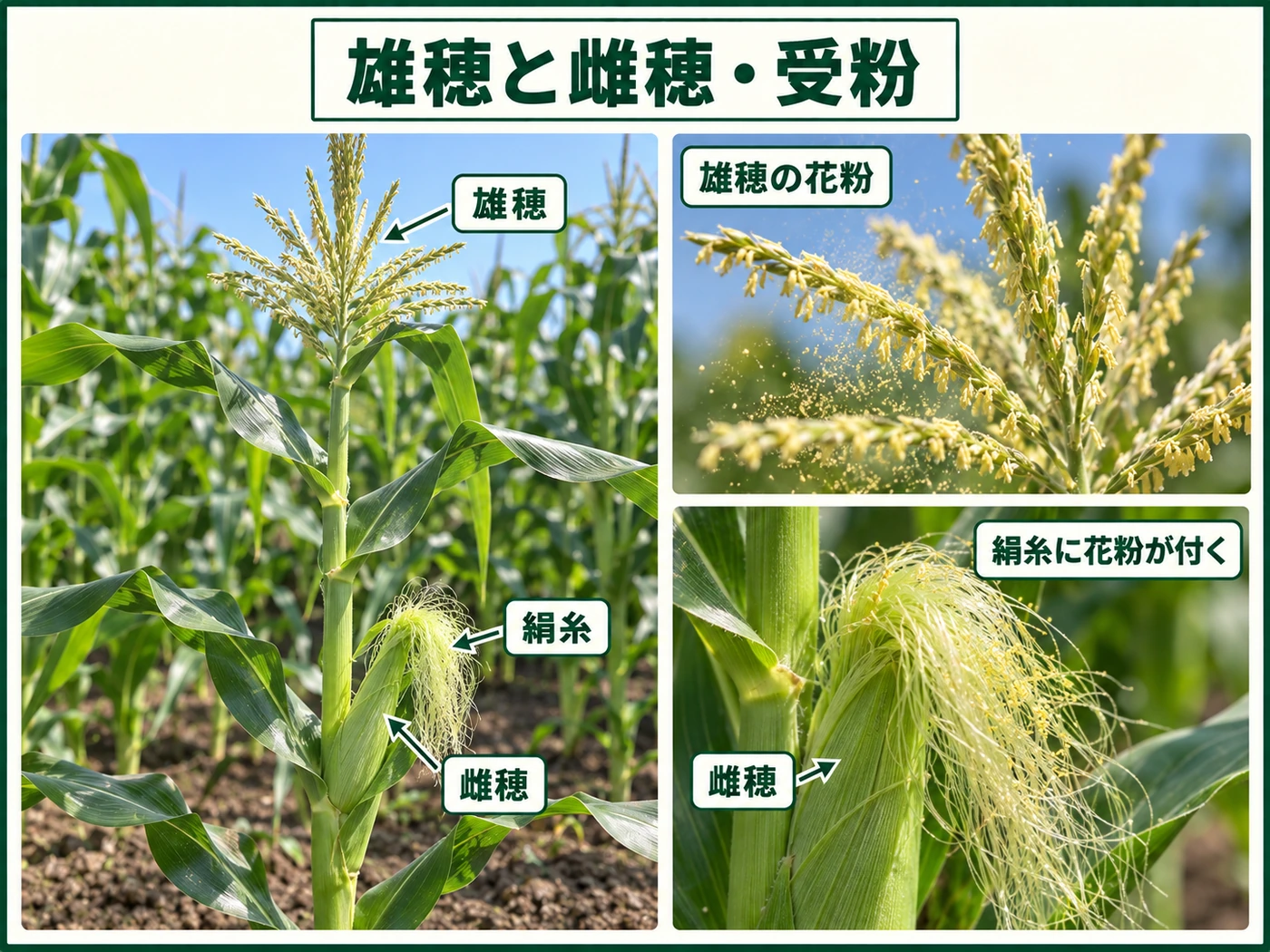 トウモロコシの上部の雄穂から花粉が雌穂の絹糸へ付いて受粉する仕組み