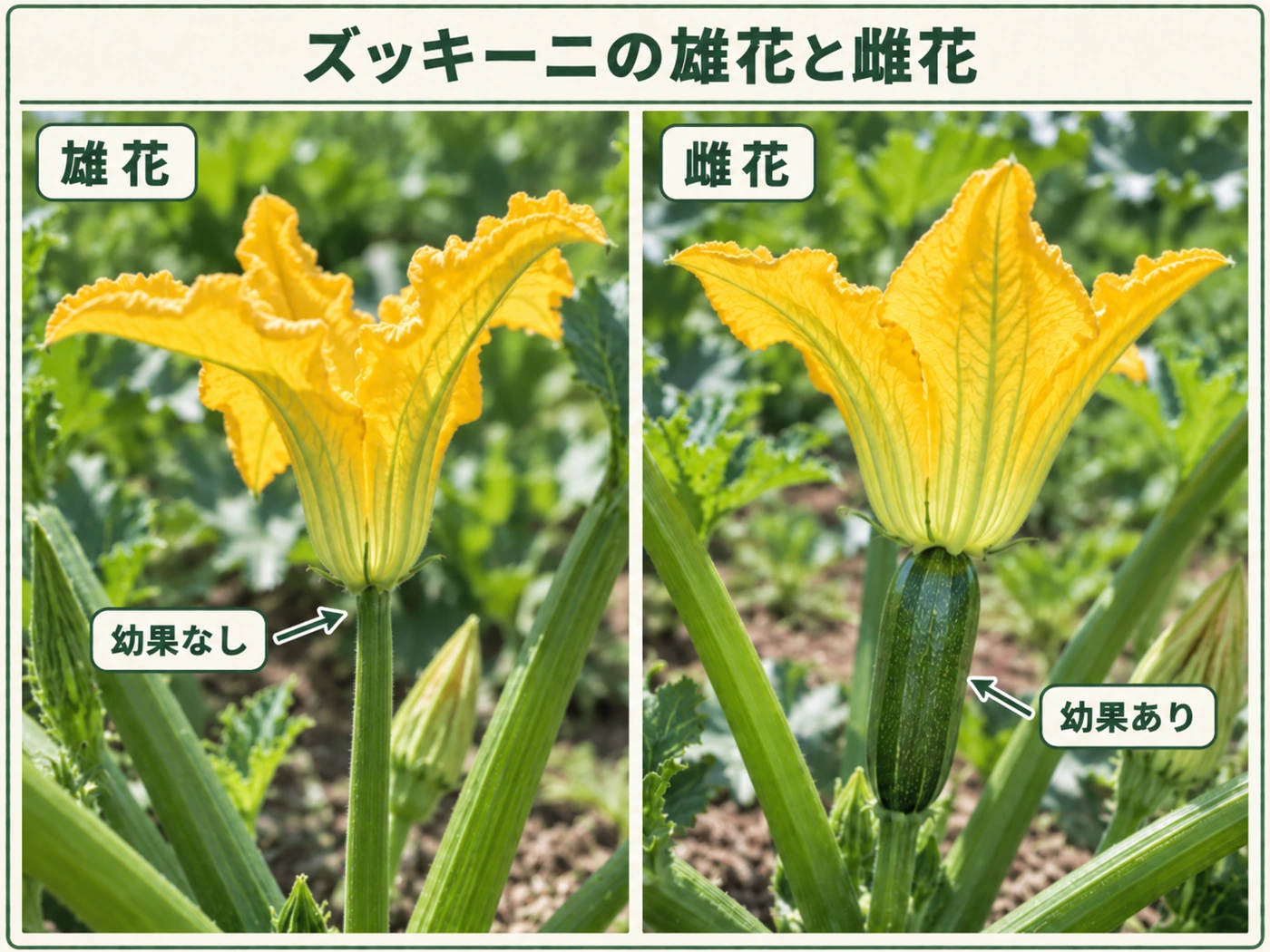 ズッキーニの雄花と雌花の違いを見分ける比較