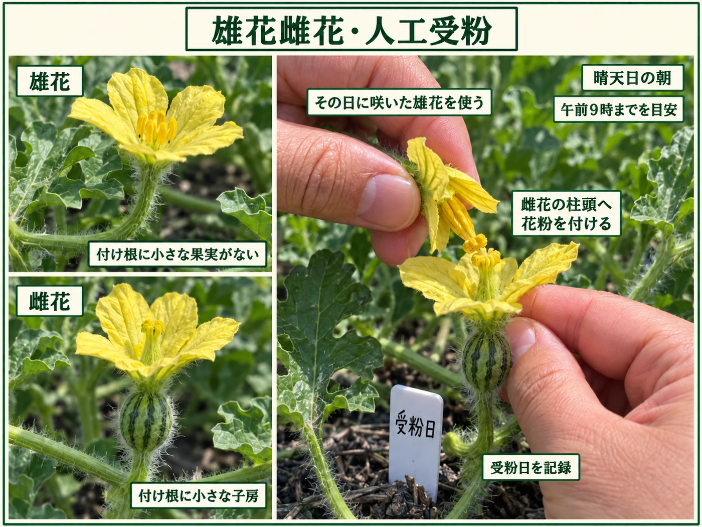 スイカの雄花と雌花の見分け方と朝に人工受粉する方法