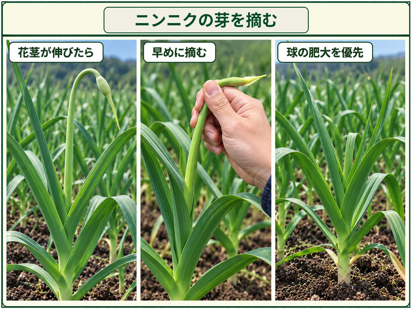 ニンニクの花茎が伸びたら早めに摘んで球の肥大を促す方法