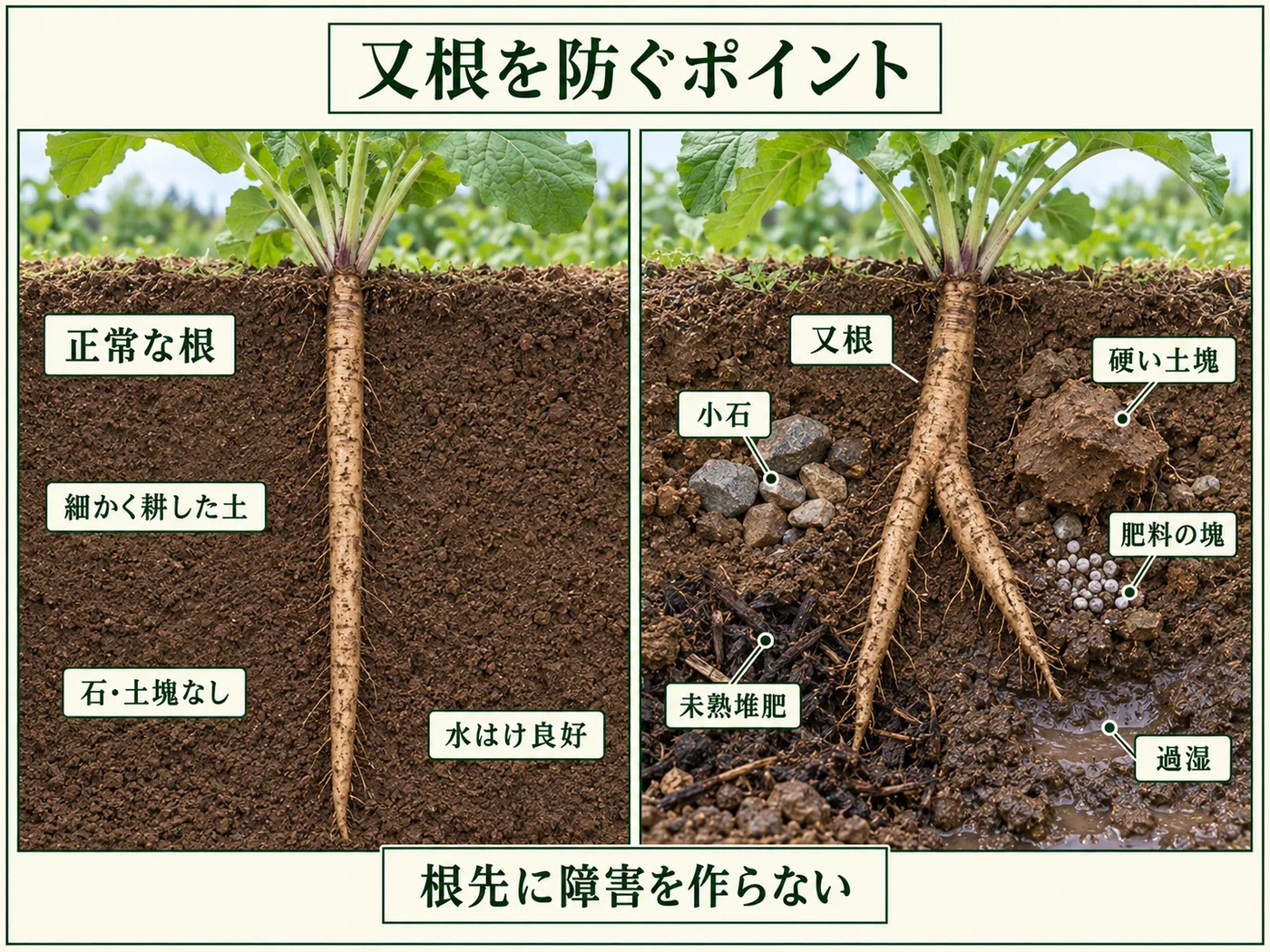 ゴボウの正常な根と石・硬い土・肥料の塊・未熟堆肥・過湿で又根になる例の比較