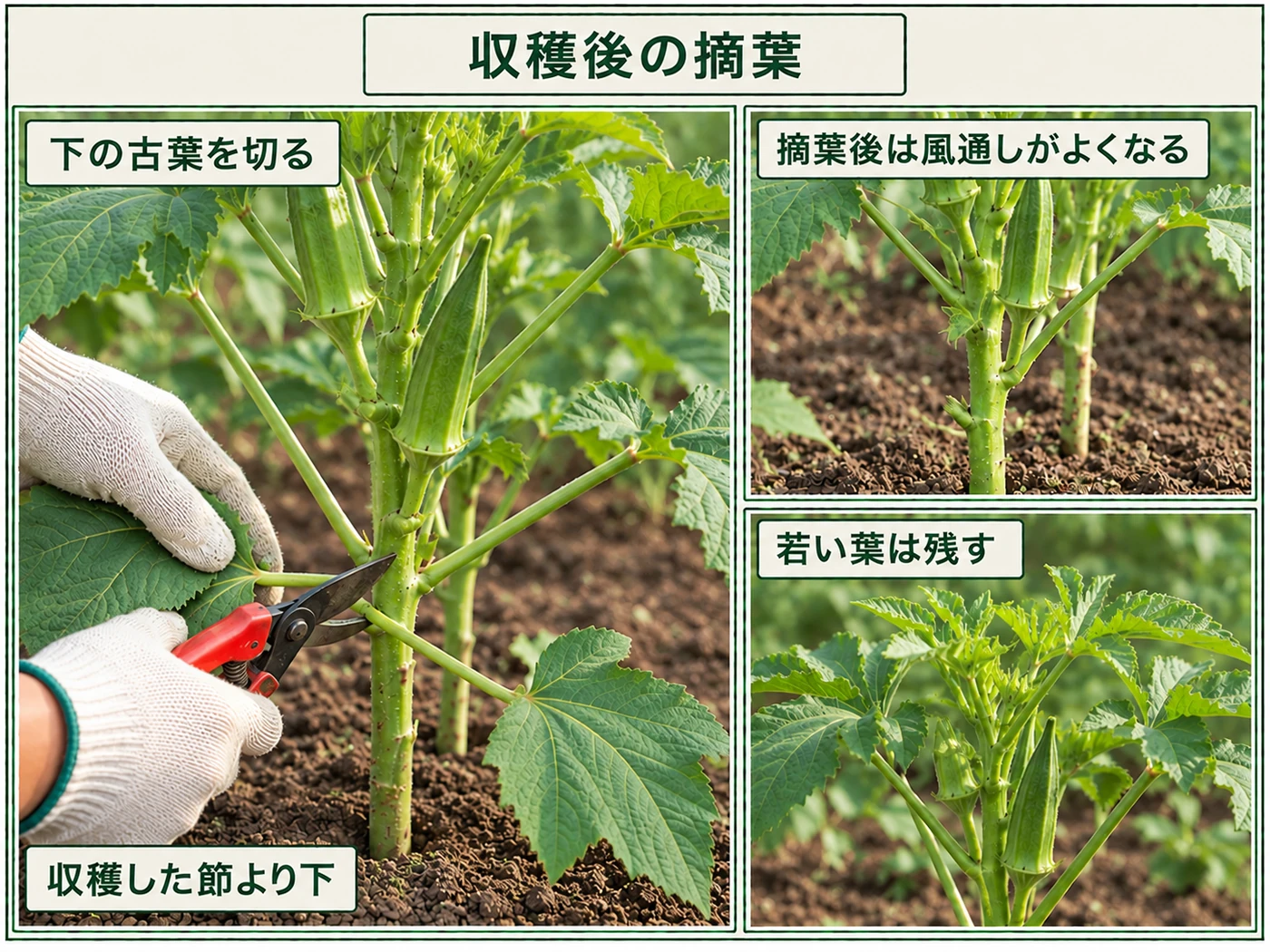 オクラの収穫後に古い下葉を摘葉する方法