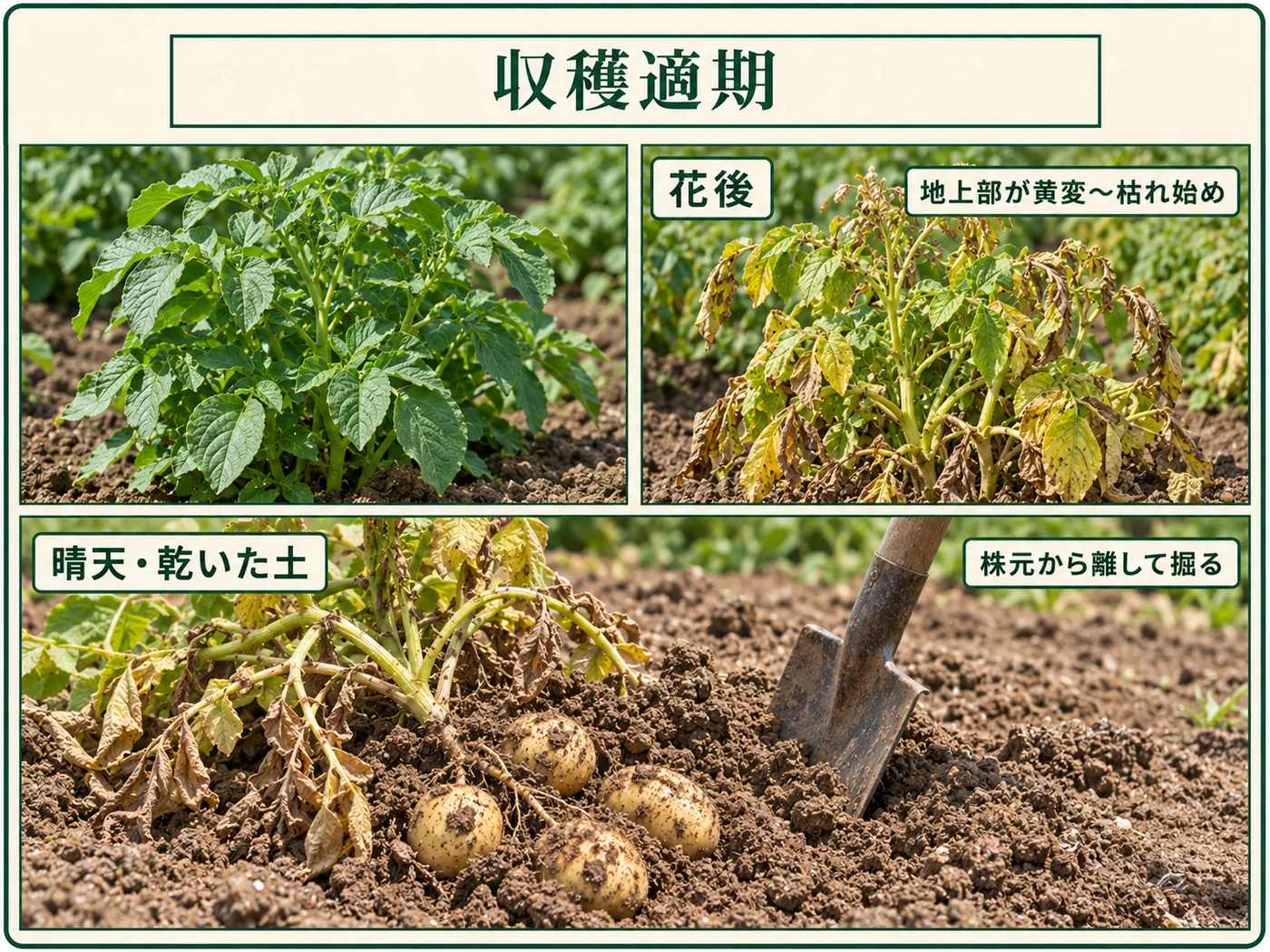 地上部が黄変して枯れ始めたジャガイモを晴天日に株元から離して収穫する方法