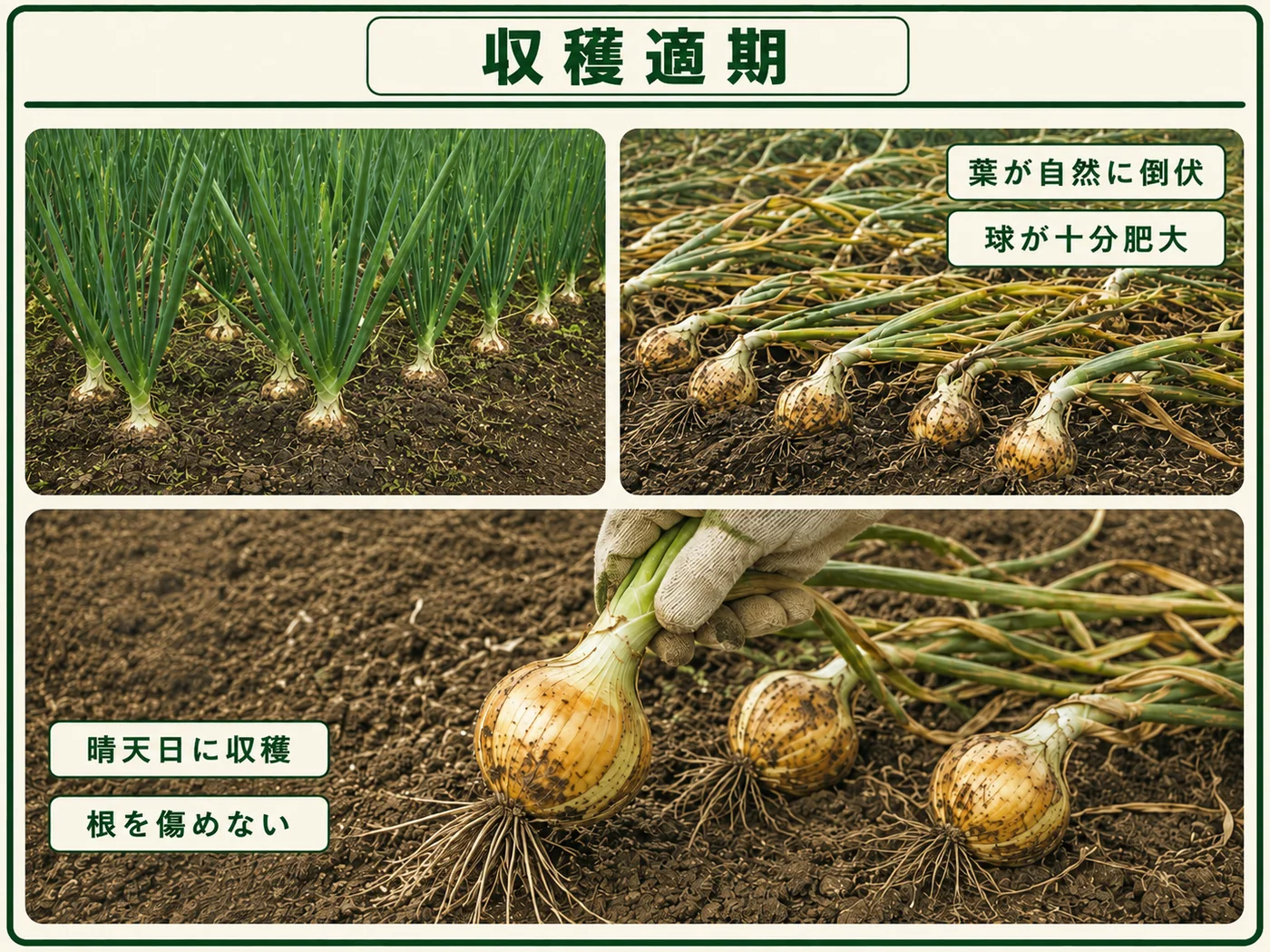 葉が自然に倒伏し球が十分肥大したタマネギを晴天日に収穫する方法