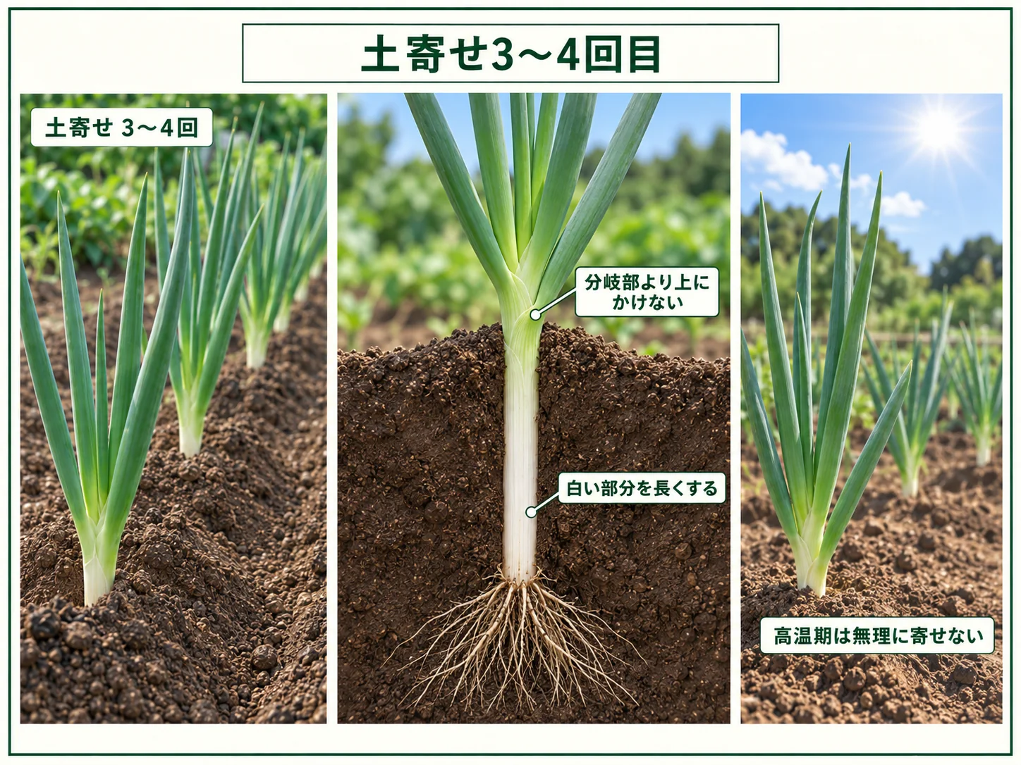長ネギを3〜4回に分けて土寄せし、分岐部を埋めずに白い軟白部を長くする方法
