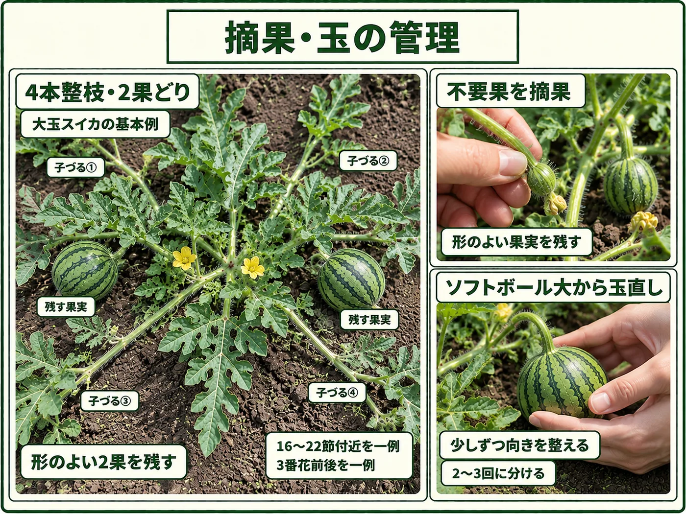 スイカの摘果で玉数を調整し敷きわらで果実を守る管理方法