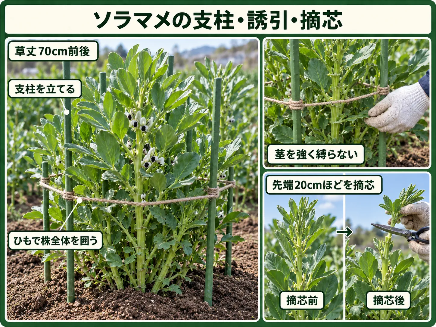 ソラマメに支柱を立てて誘引し摘芯する方法