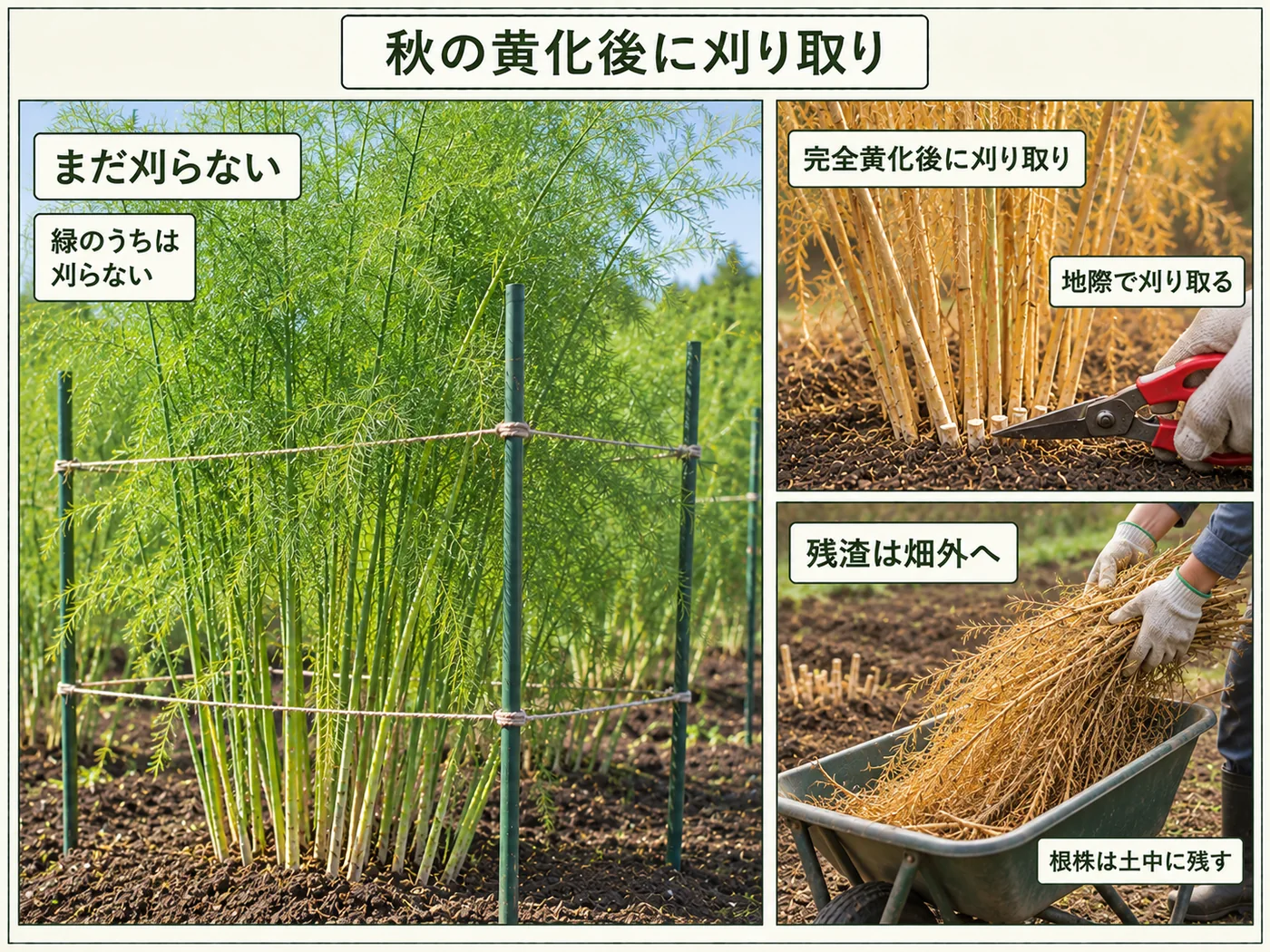 アスパラガスの茎葉が秋に完全黄化してから地際で刈り取り残渣を片付ける方法