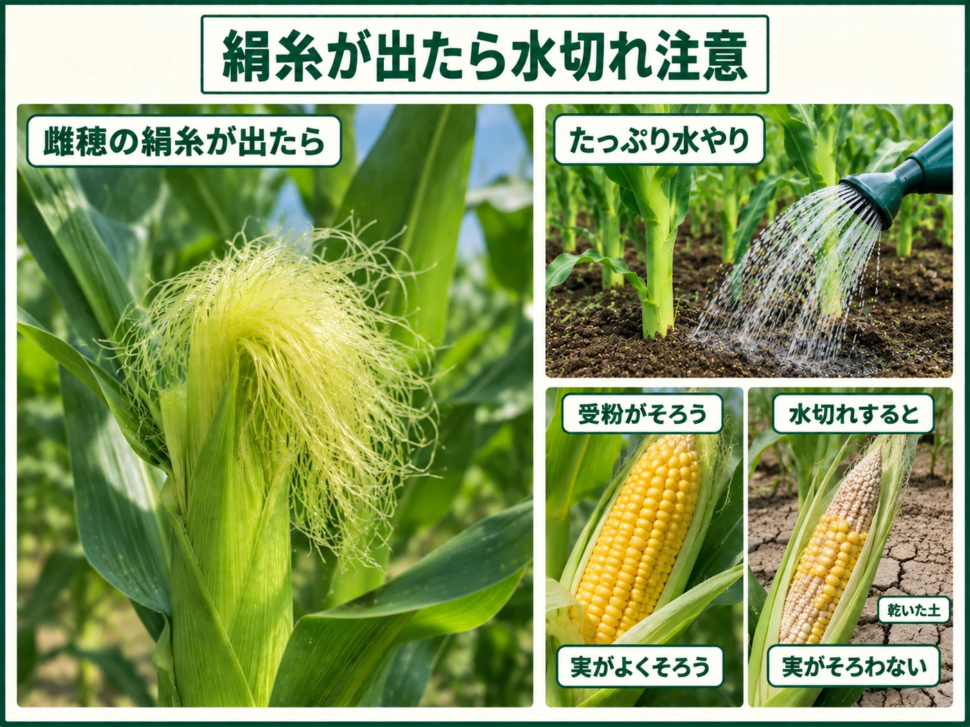 トウモロコシの絹糸抽出期に株元へ水やりして水切れを防ぐ管理
