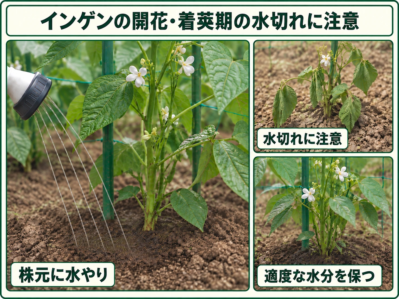 インゲンの開花・着莢期に株元へ水やりして水切れを防ぐ方法