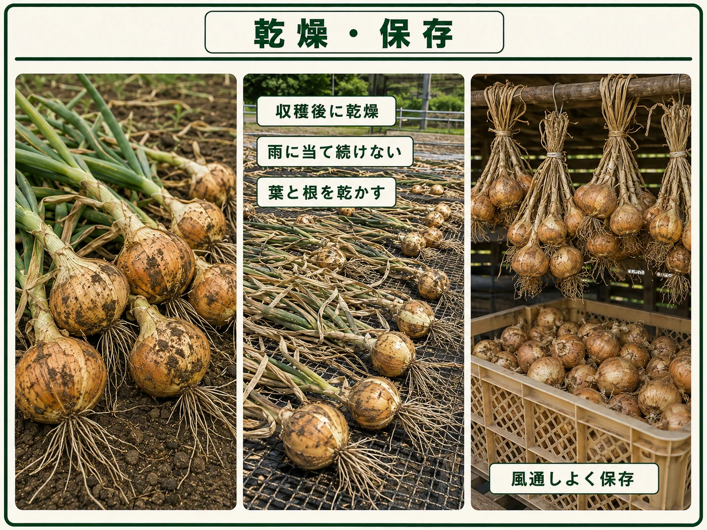 収穫したタマネギを雨を避けて乾燥させ風通しよく保存する方法