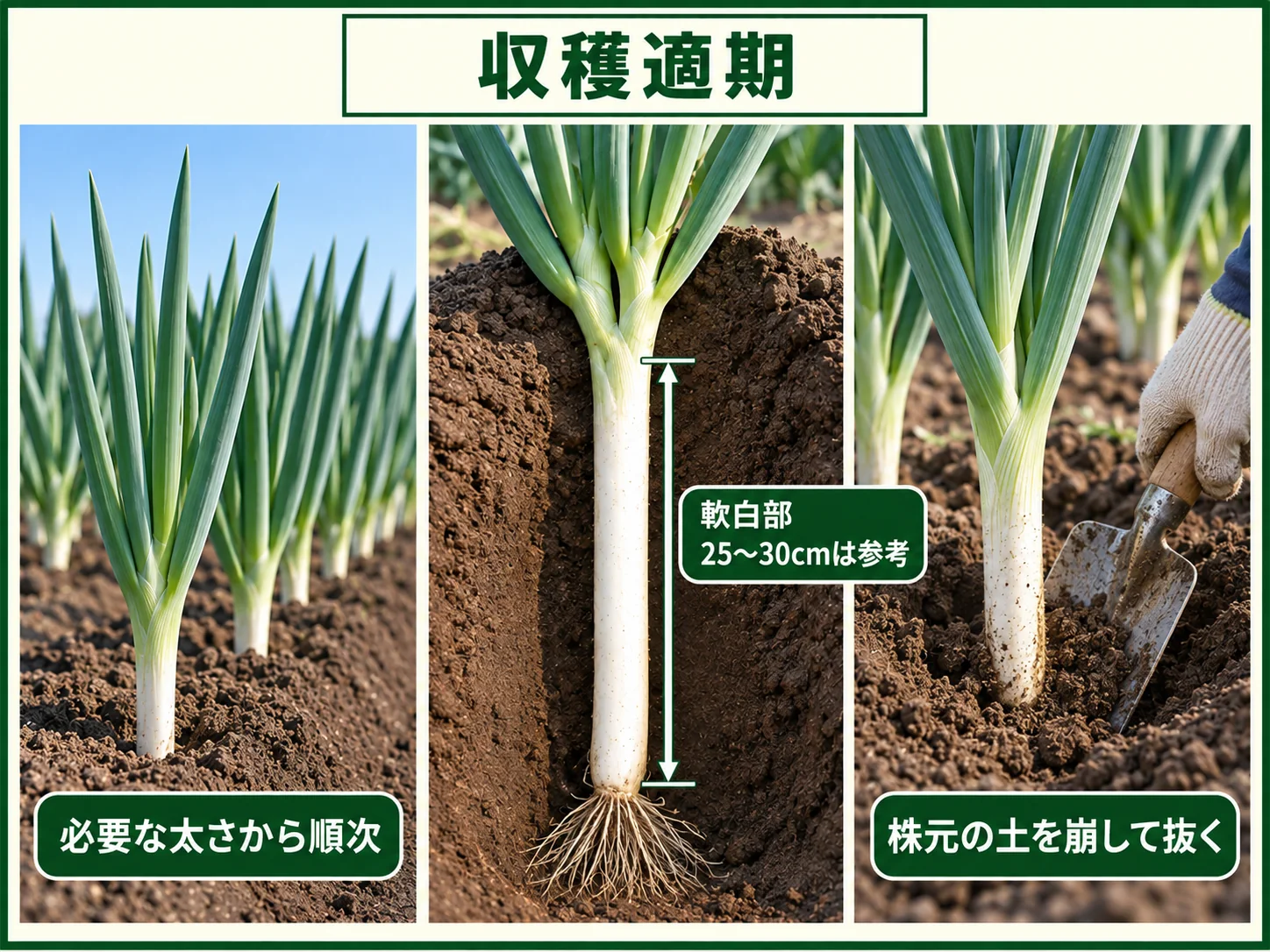 白い軟白部25〜30cmを参考に、十分な太さの長ネギから順次収穫する目安