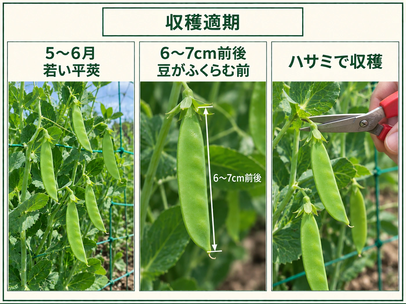 越冬作型のサヤエンドウを5〜6月に6〜7cm前後の若い平莢で収穫する目安