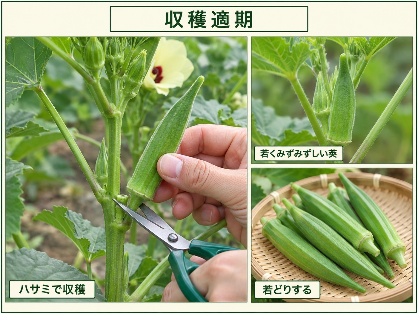 オクラの若くみずみずしい莢をハサミで収穫する適期