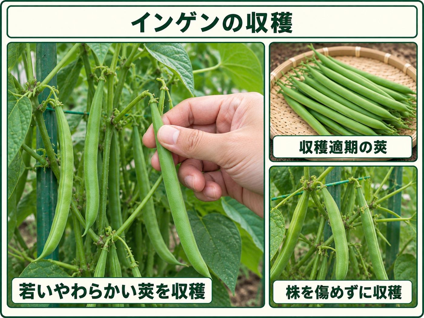 若くやわらかいインゲンの莢を株を傷めずに収穫する方法
