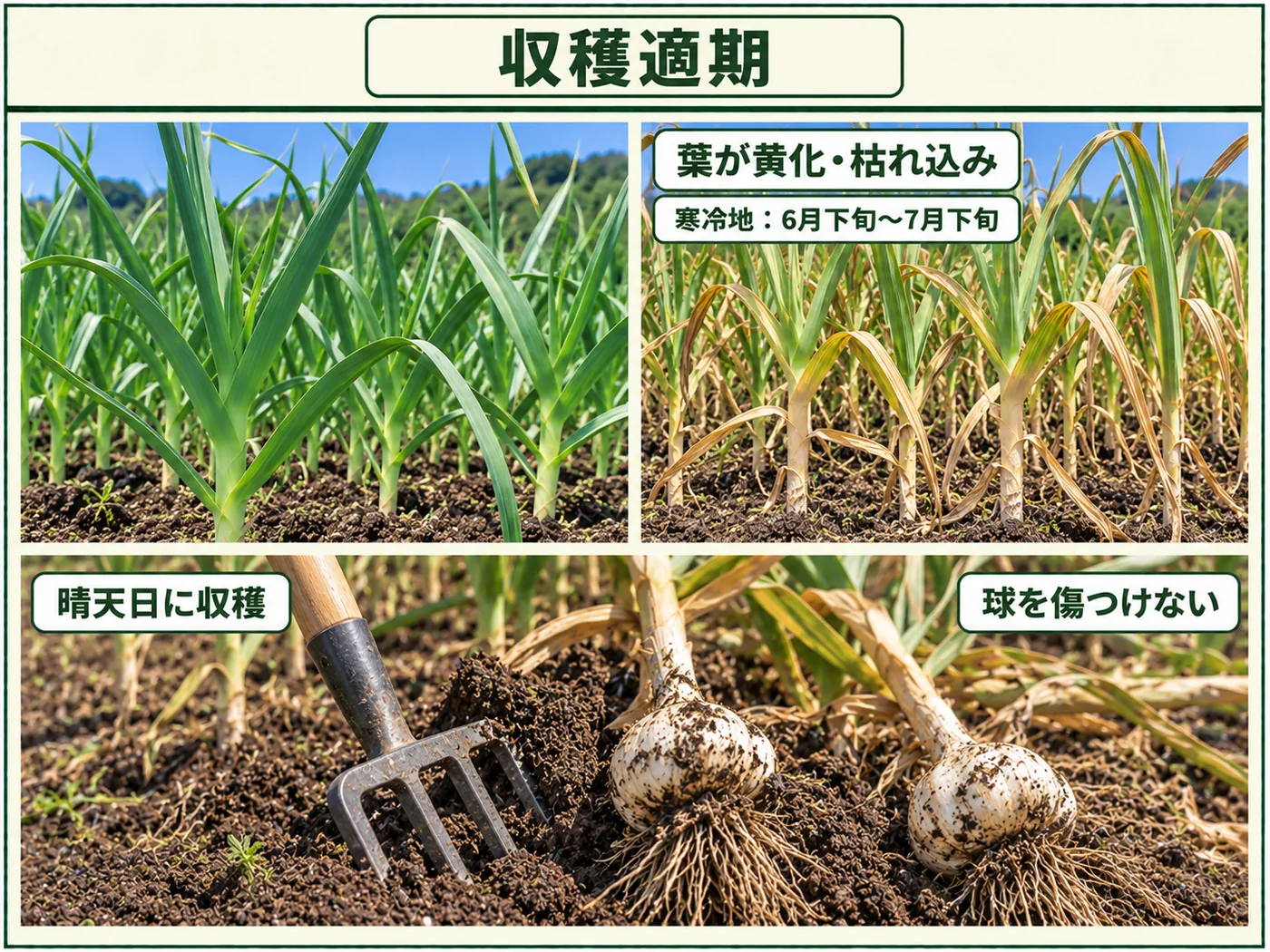 葉が黄化・枯れ込み始めたニンニクを寒冷地の6月下旬〜7月下旬に晴天日に収穫する方法
