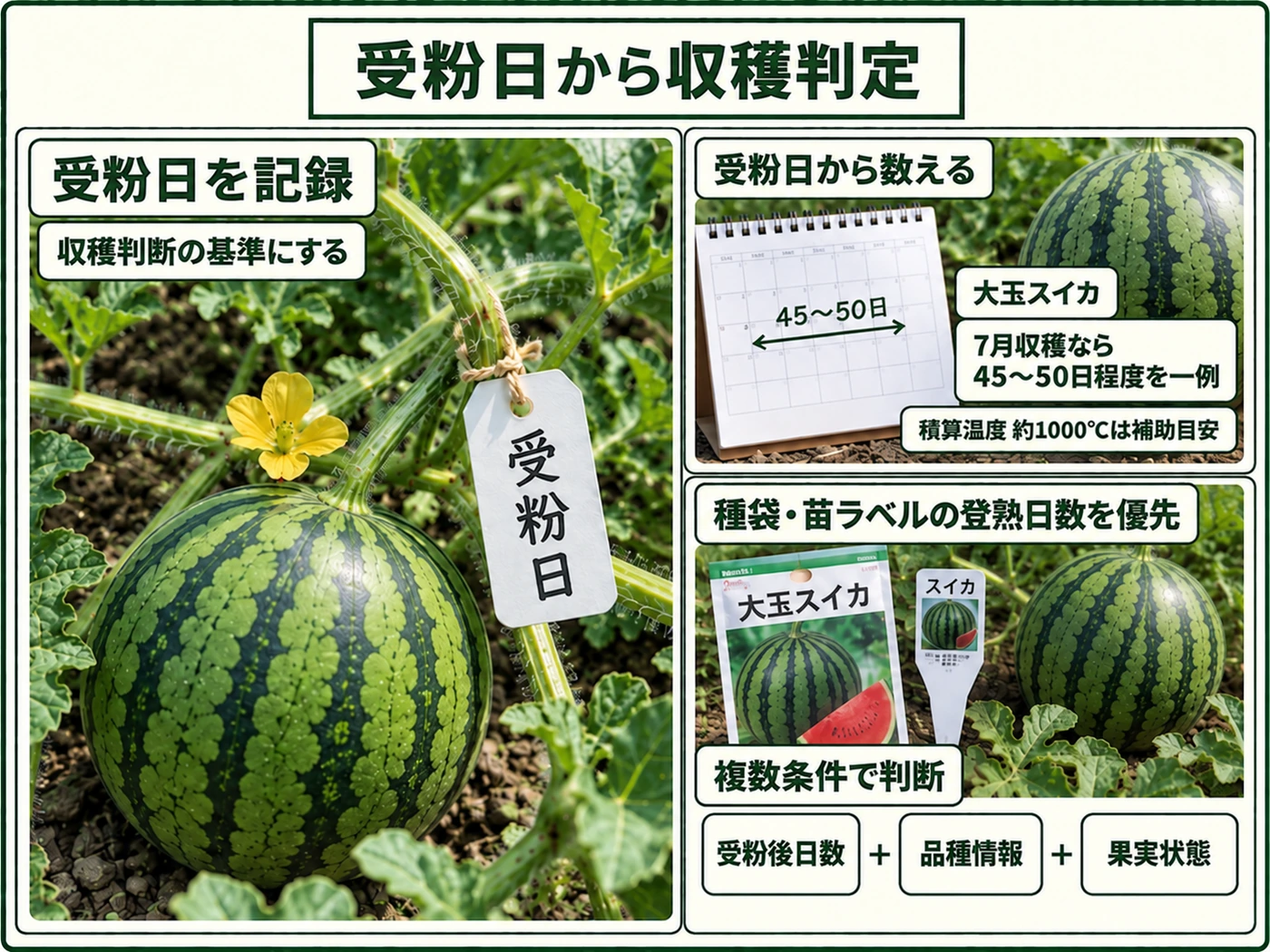スイカの受粉日を記録して大玉40〜45日小玉35〜40日を目安に収穫判定する方法