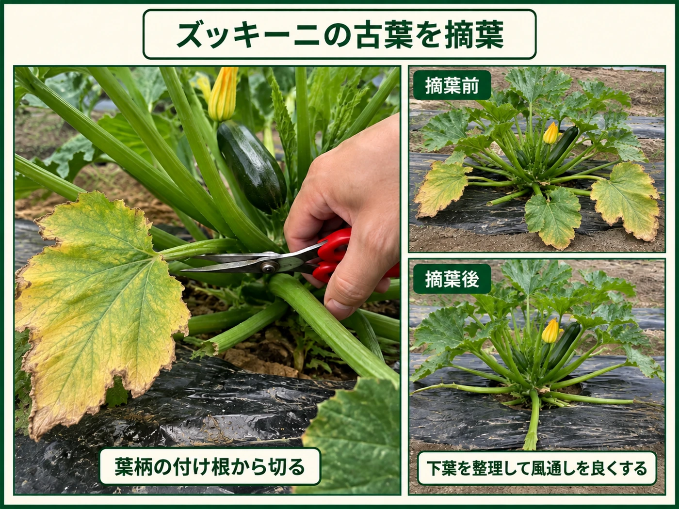 ズッキーニの古葉を摘葉して風通しを確保する方法