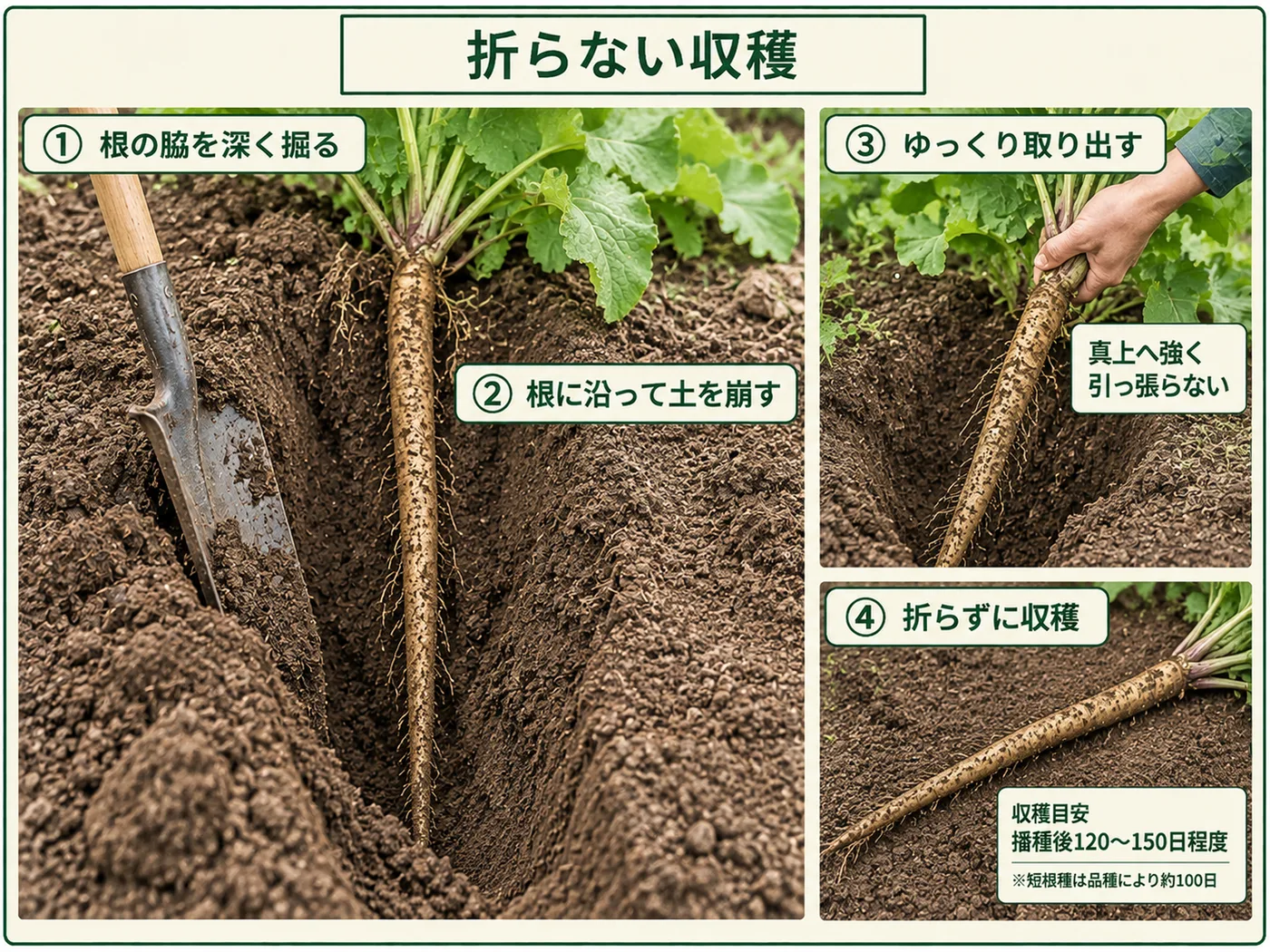 ゴボウの根の脇を深く掘って土を崩し折らずに収穫する方法