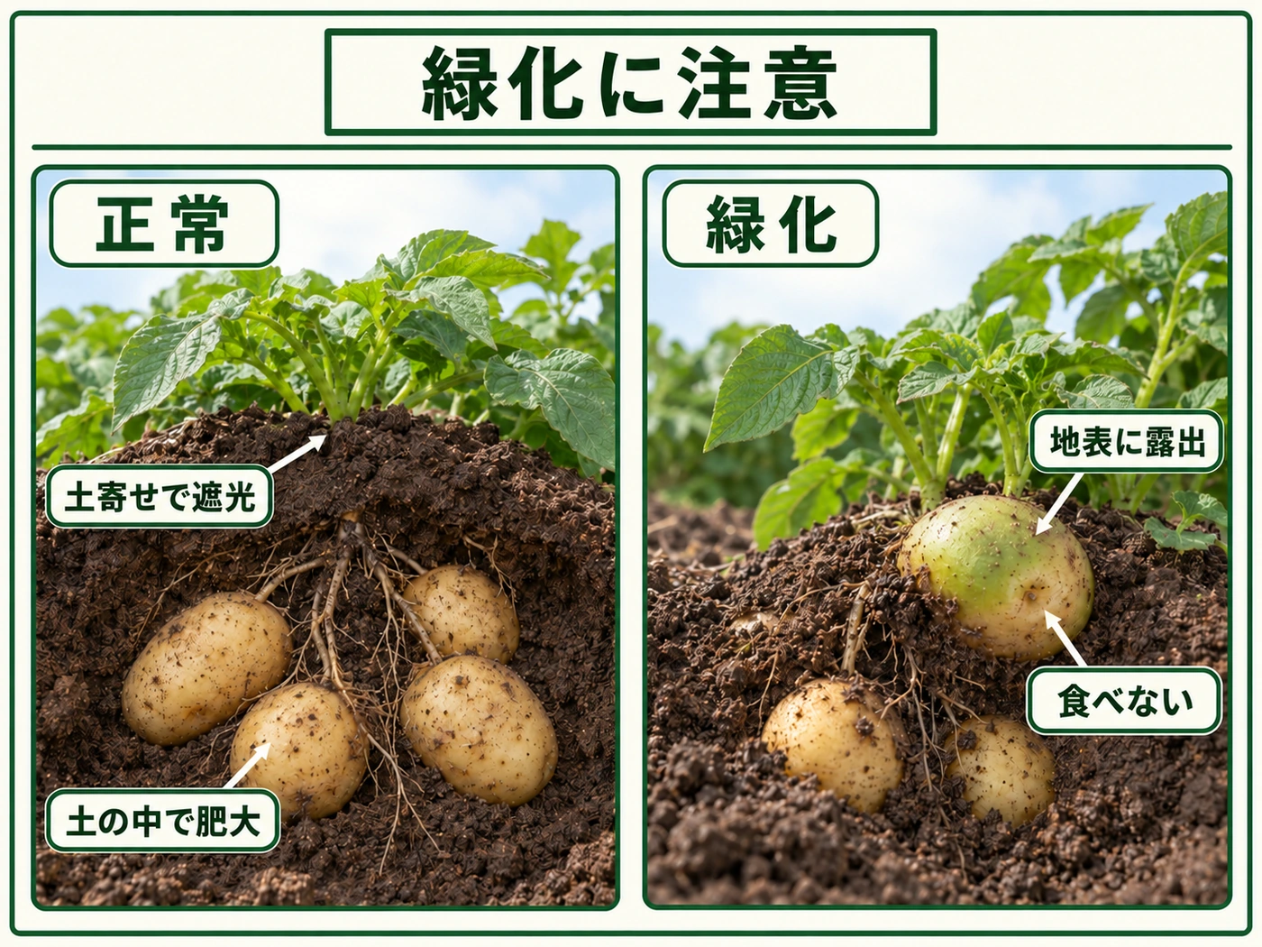 土の中で正常に育ったジャガイモと地表露出で緑化したジャガイモの比較