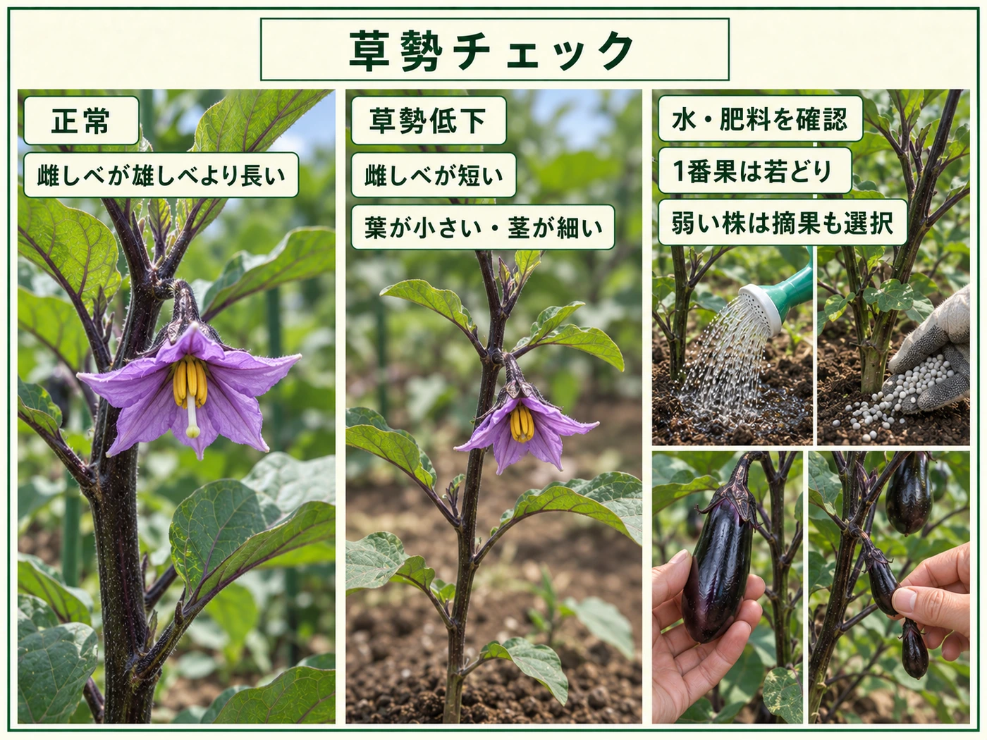 ナスの正常な花と雌しべが短い草勢低下の花を比べ、水分・肥料・果実負担を確認する方法