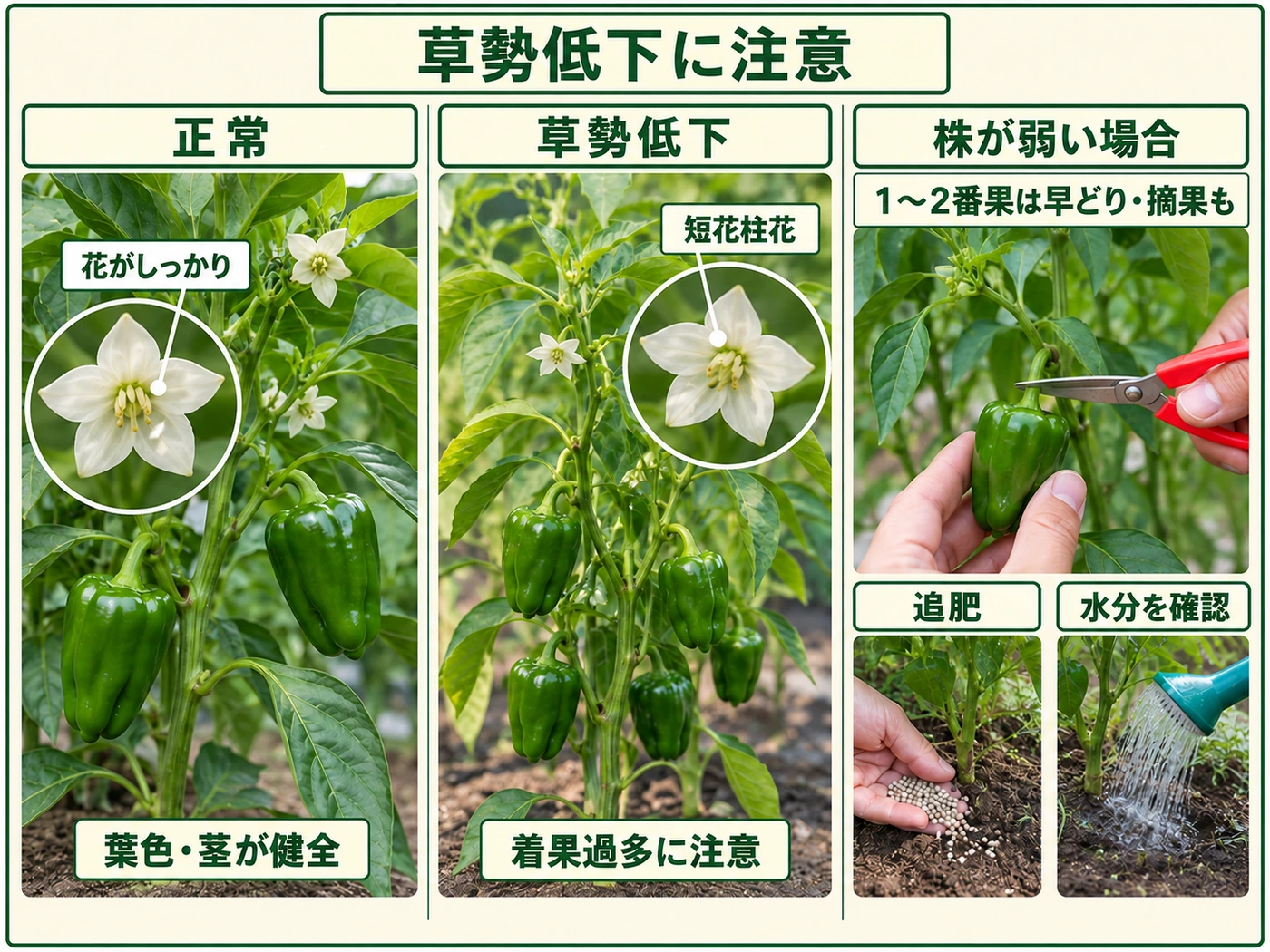 ピーマンの草勢低下サインを見分け、1〜2番果の早どりや追肥・潅水で立て直す方法