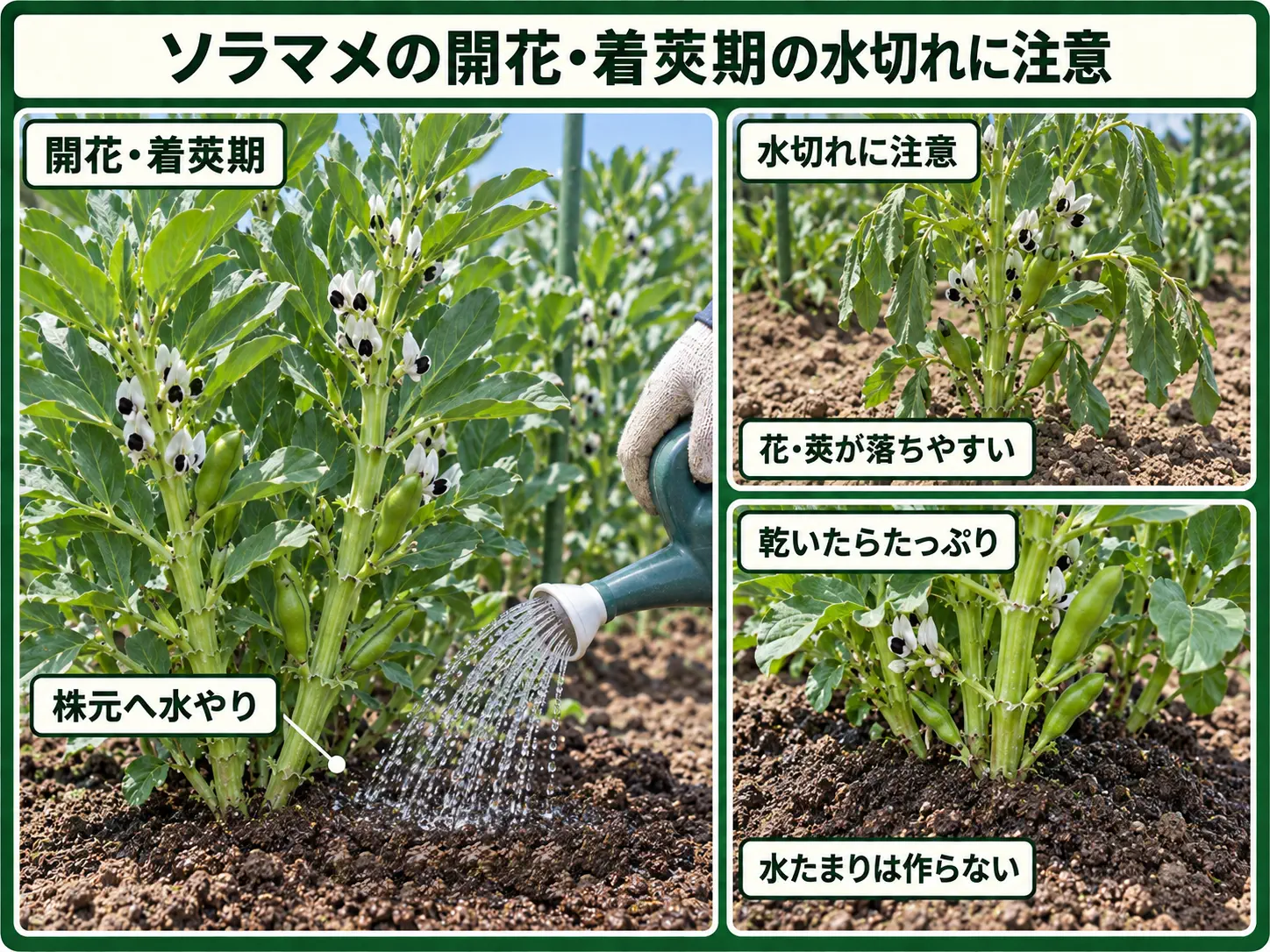 ソラマメの開花期と着莢期に水切れを防ぐ管理方法