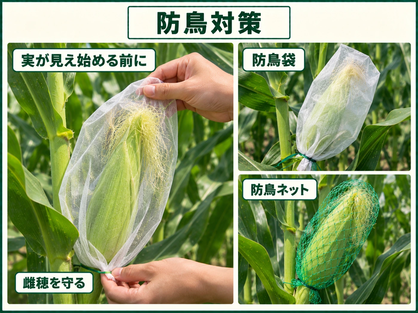収穫前のトウモロコシの雌穂を防鳥ネットや袋で鳥害から守る方法