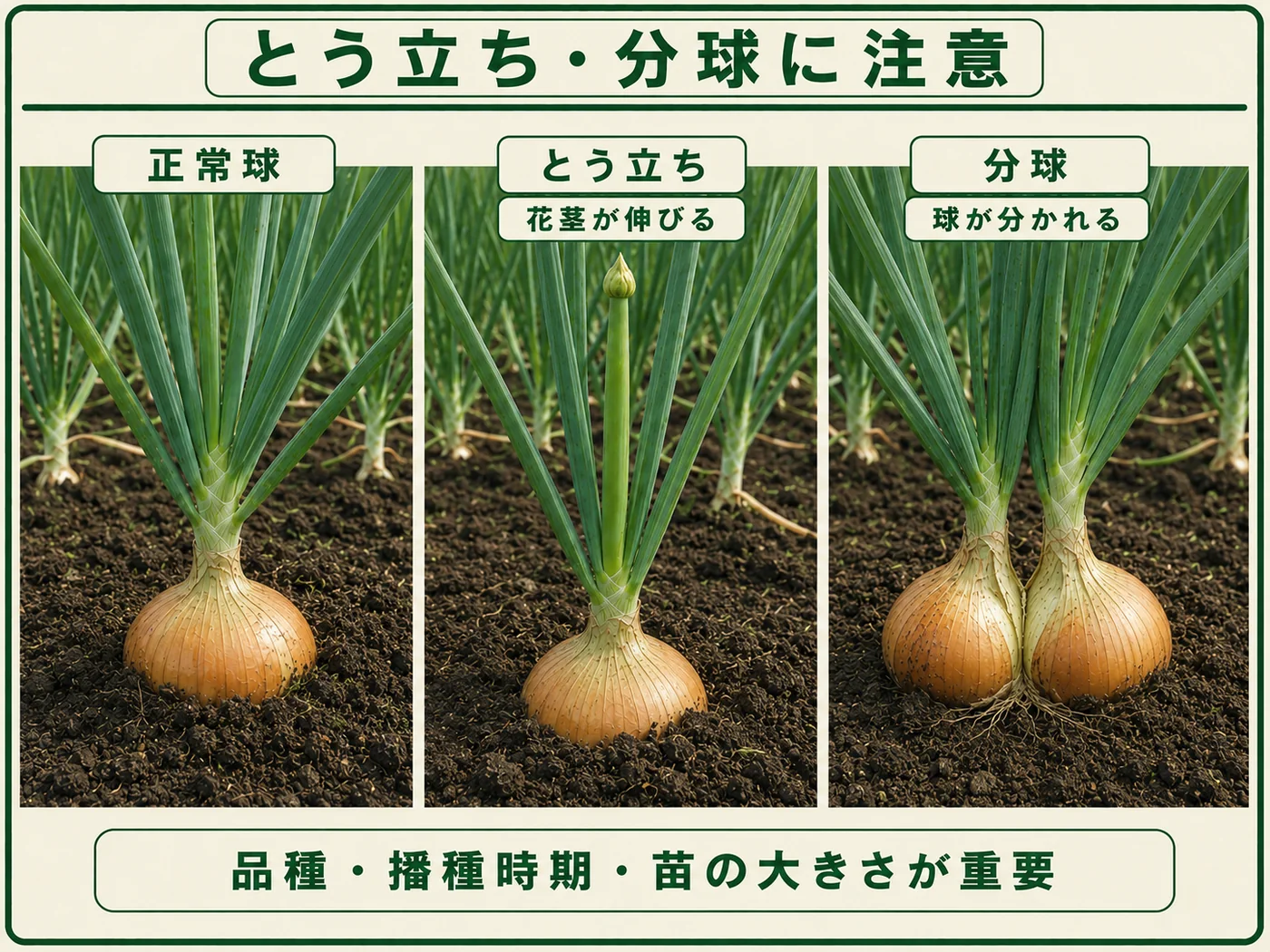 タマネギの正常球、とう立ち、分球の違いを比較した画像