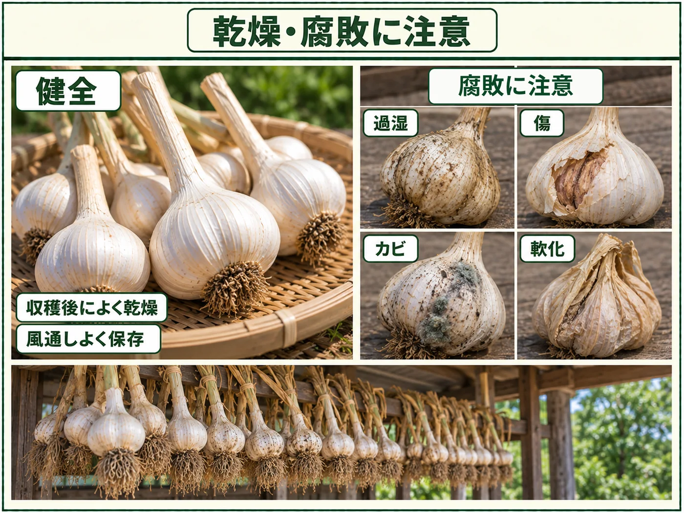収穫したニンニクをよく乾燥させた健全球と過湿や傷で腐敗した球の比較