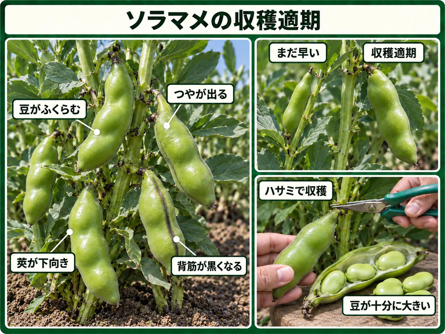 ソラマメの莢が肥大して収穫適期になった状態