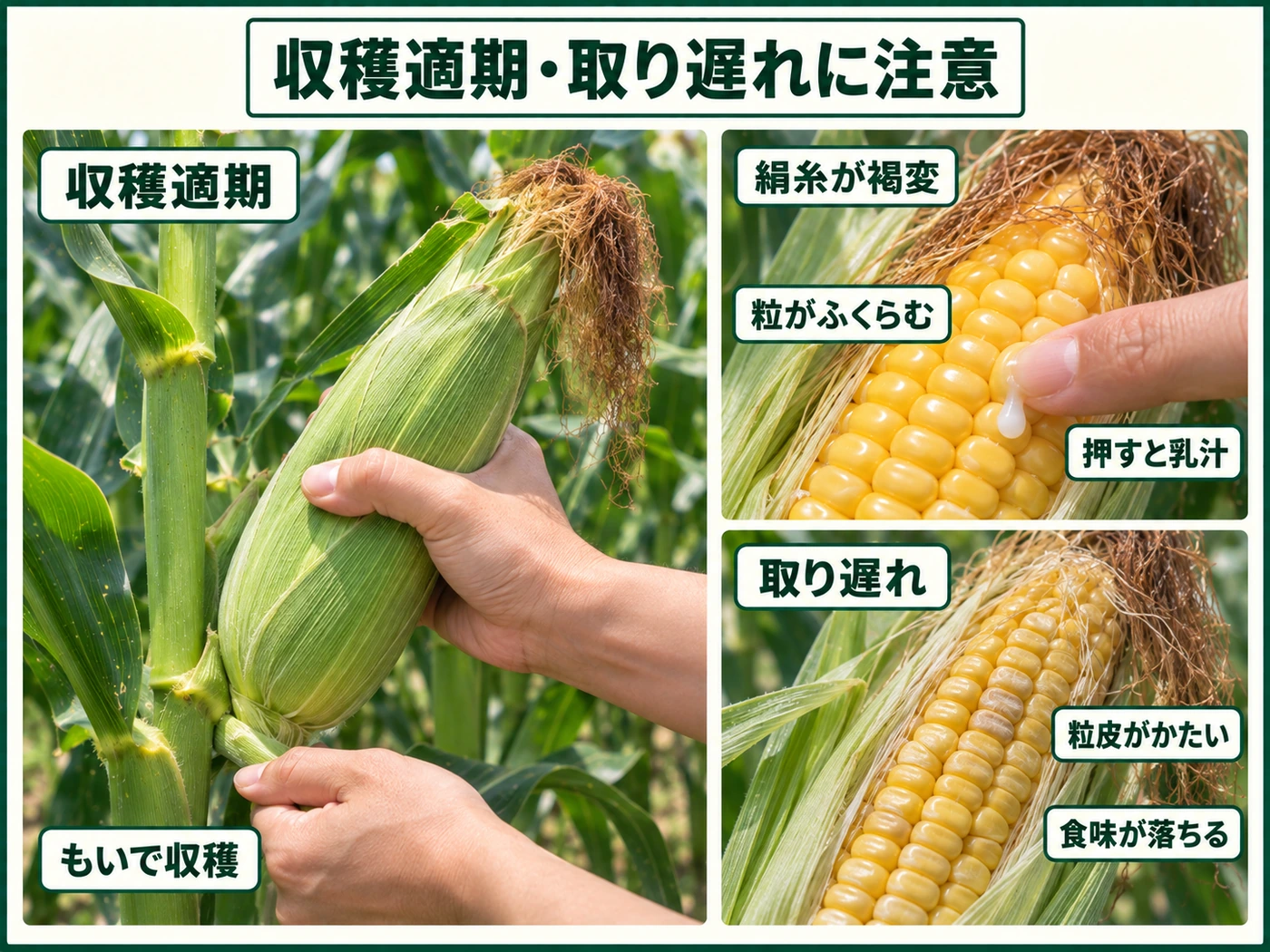 トウモロコシの絹糸が褐変して粒から乳汁が出る収穫適期と取り遅れの比較
