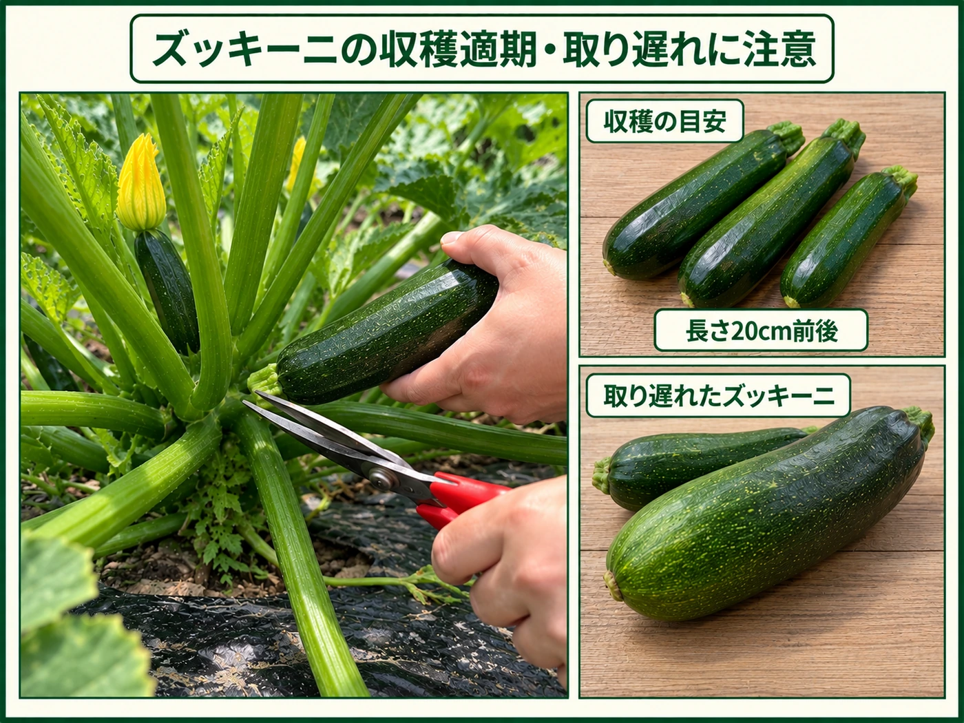 ズッキーニの収穫適期と取り遅れ果の比較