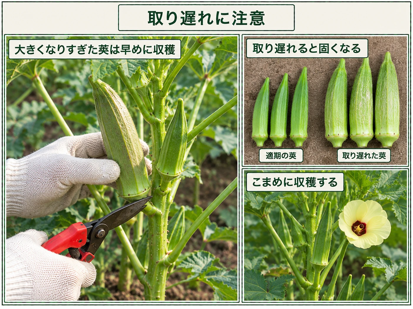オクラの収穫適期の莢と硬くなった取り遅れ莢の比較