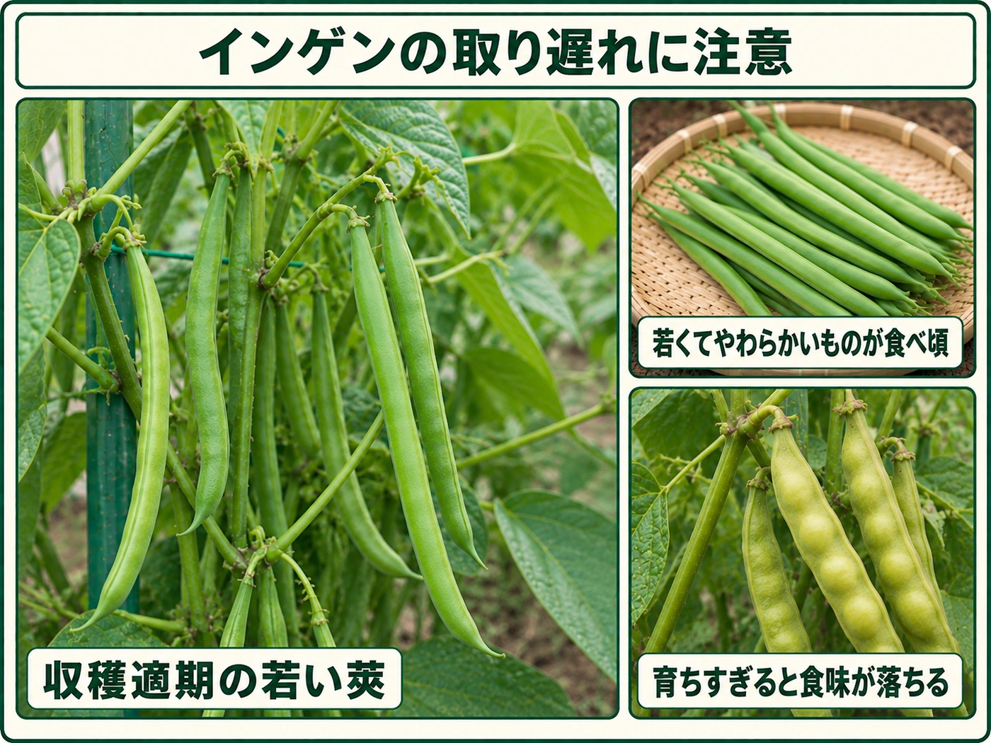 インゲンの収穫適期の若莢と取り遅れて実がふくらんだ莢の比較