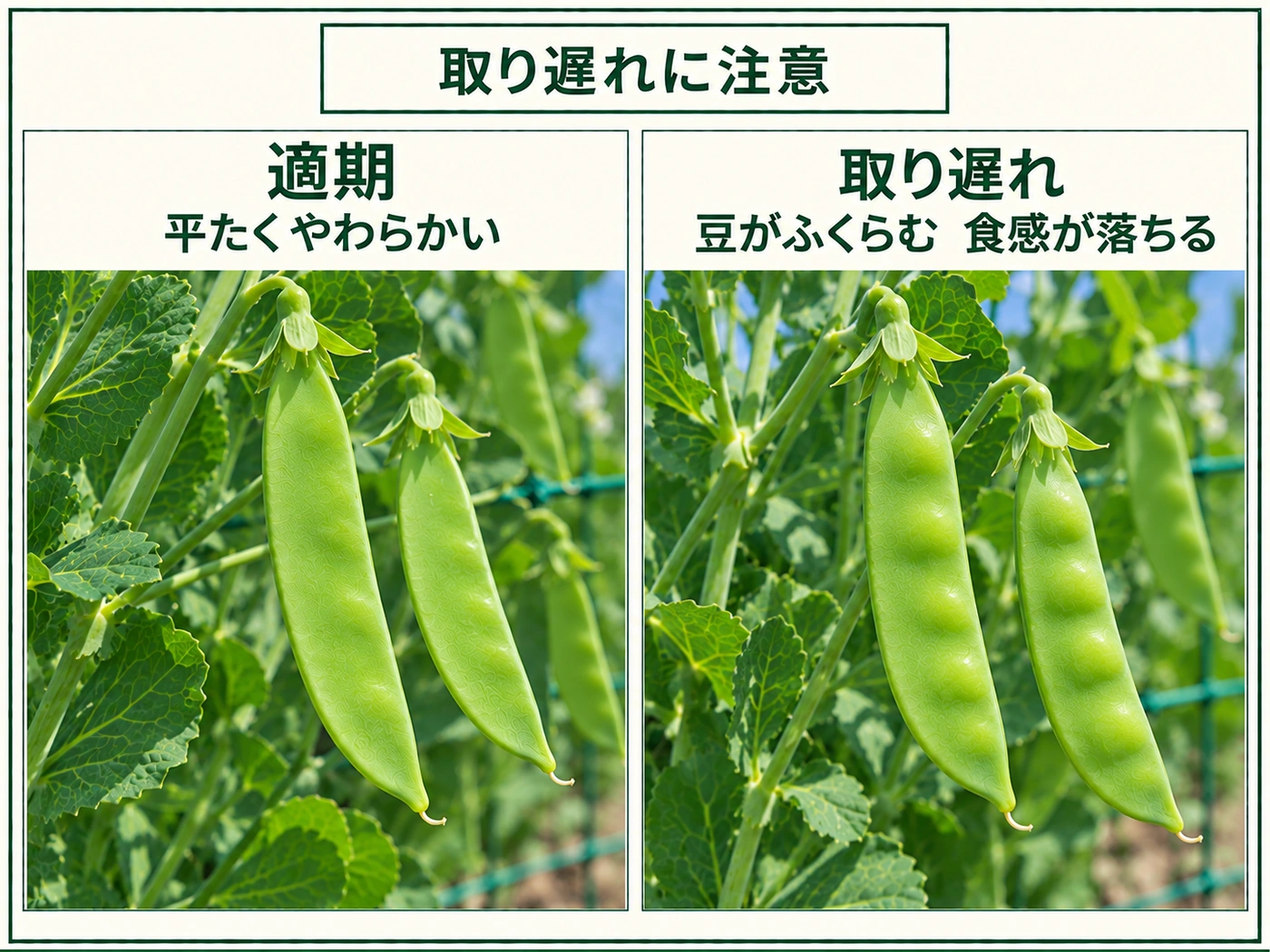 サヤエンドウの適期の平莢と取り遅れて豆がふくらんだ莢の違い
