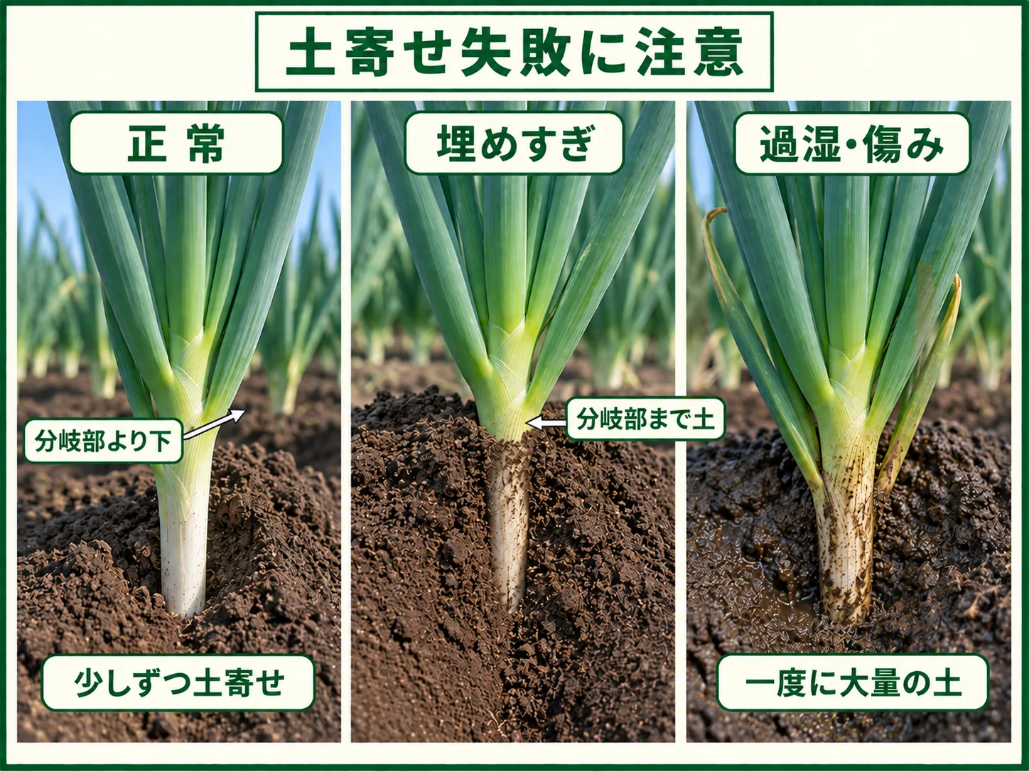 長ネギの正常な土寄せと、分岐部の埋めすぎや過湿・大量土寄せによる失敗例の比較