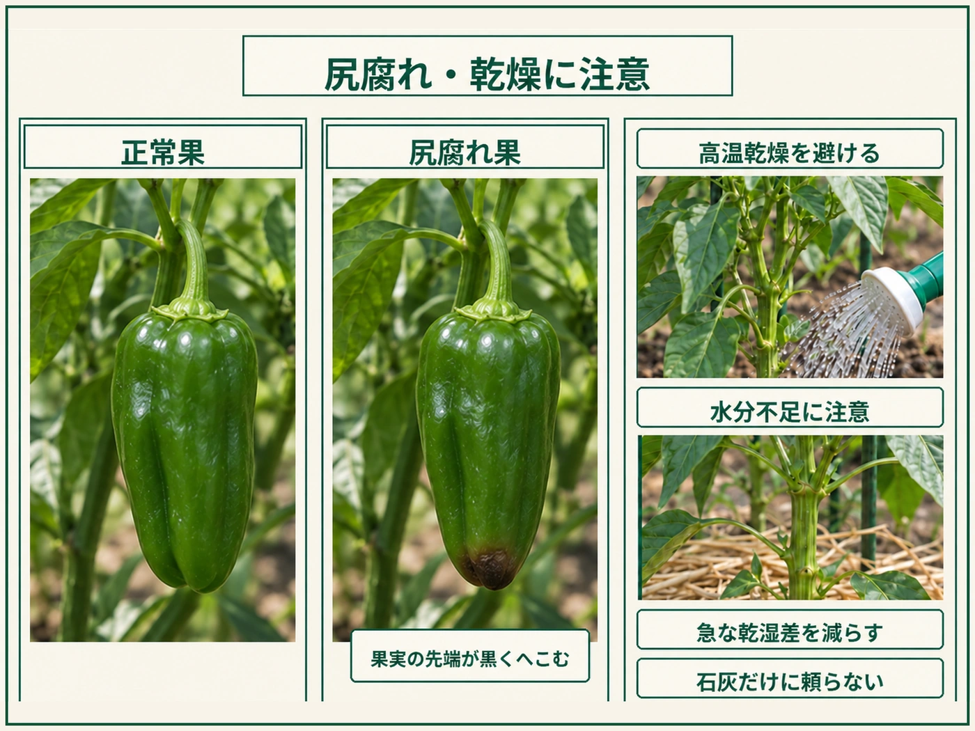 正常なピーマンと尻腐れ果を比べ、高温乾燥や水分不足、急な乾湿差を避ける対策