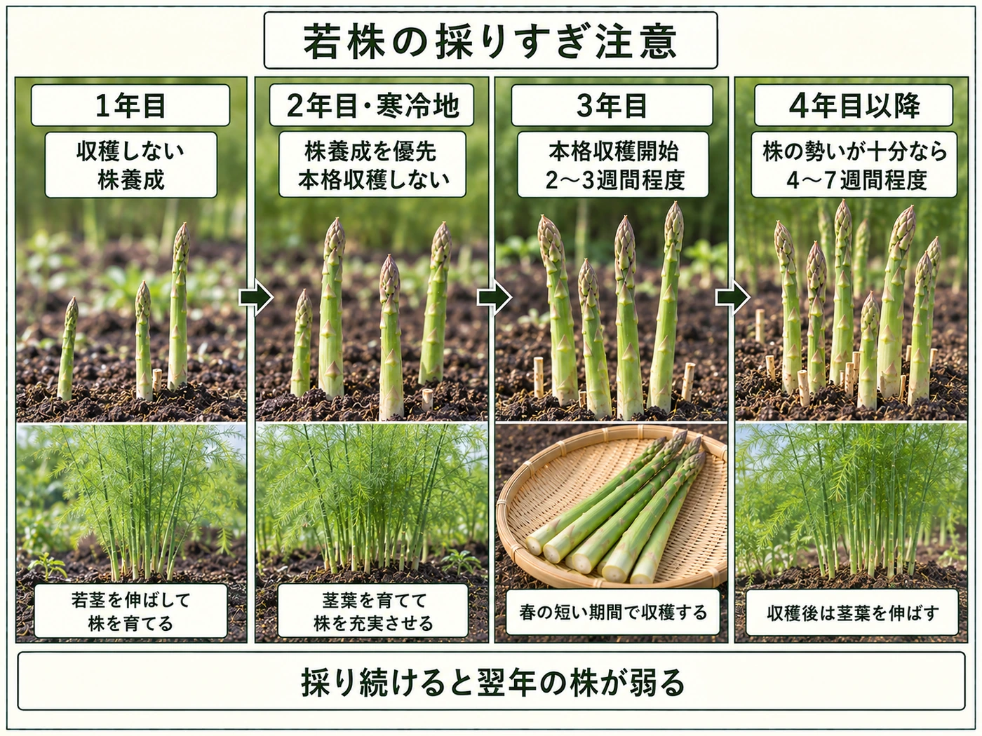 寒冷地のアスパラガスを1〜2年目は養成し3年目から短期間収穫する年次管理