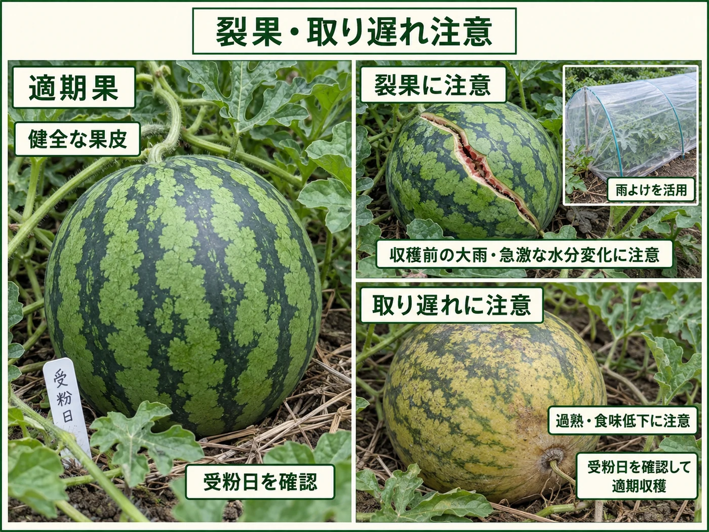 スイカの裂果や取り遅れを防ぐため急な過湿と収穫遅れに注意するポイント