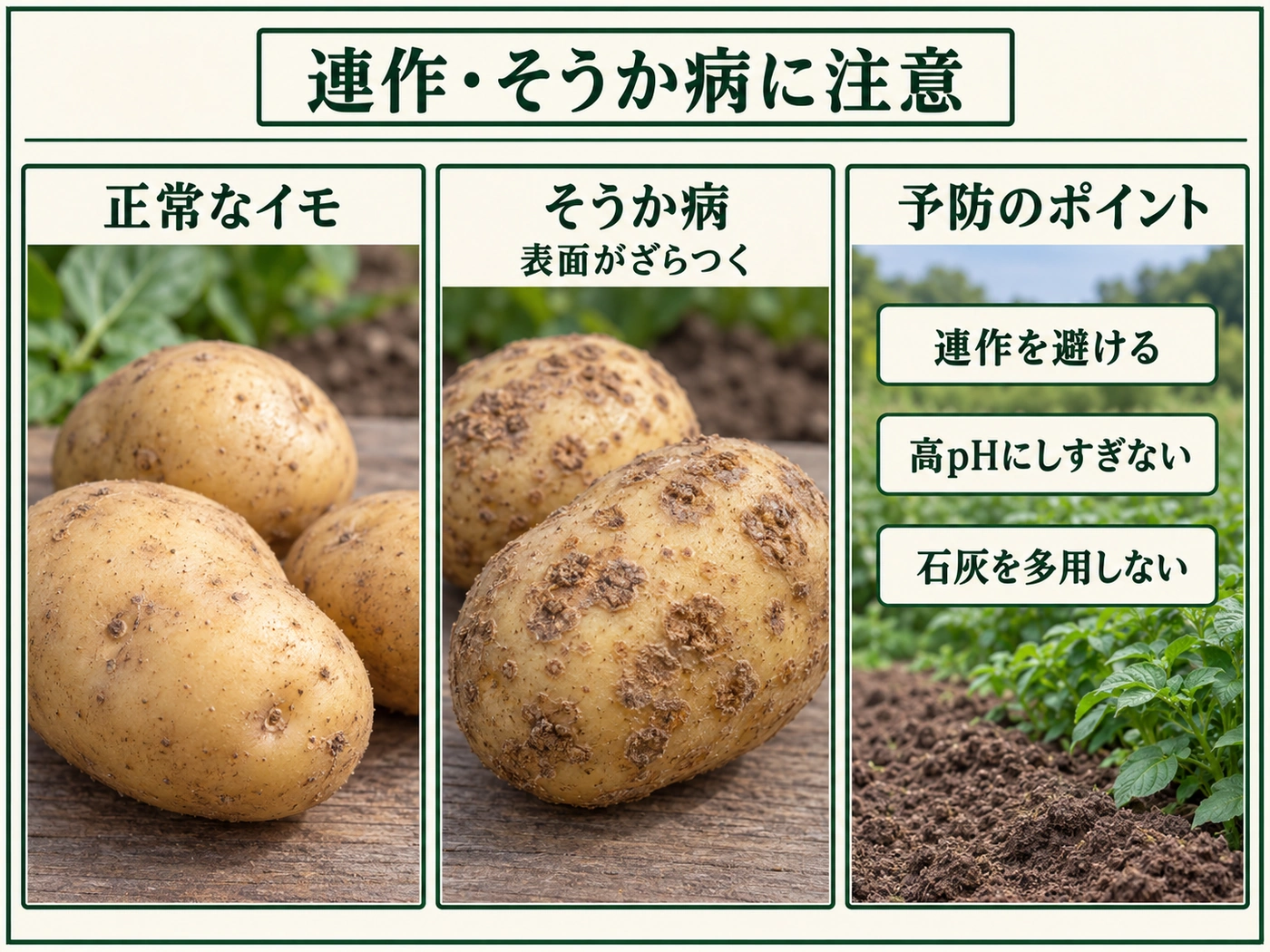 正常なジャガイモとそうか病のざらついたイモ、連作と高pHを避ける予防ポイント