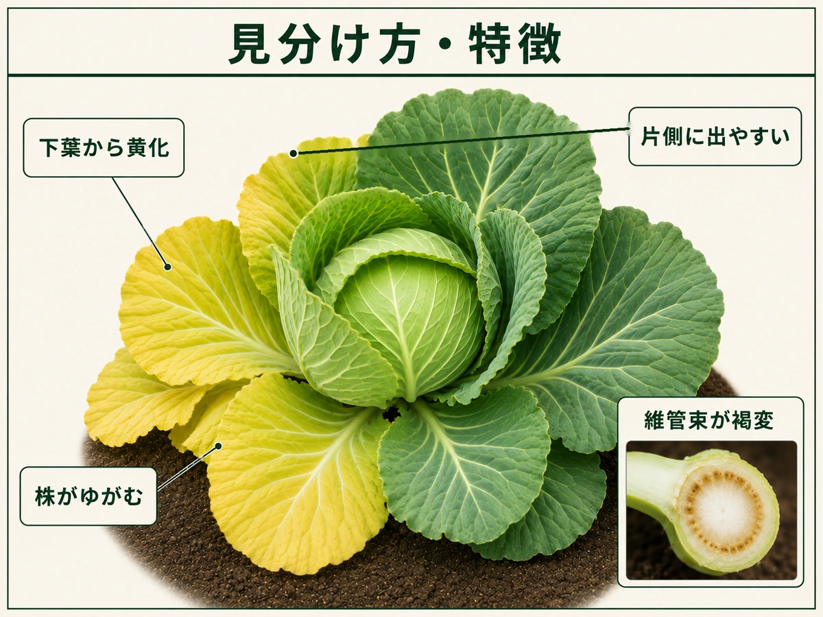 キャベツ萎黄病の下葉からの黄化、片側性、株のゆがみ、維管束褐変を示した図解