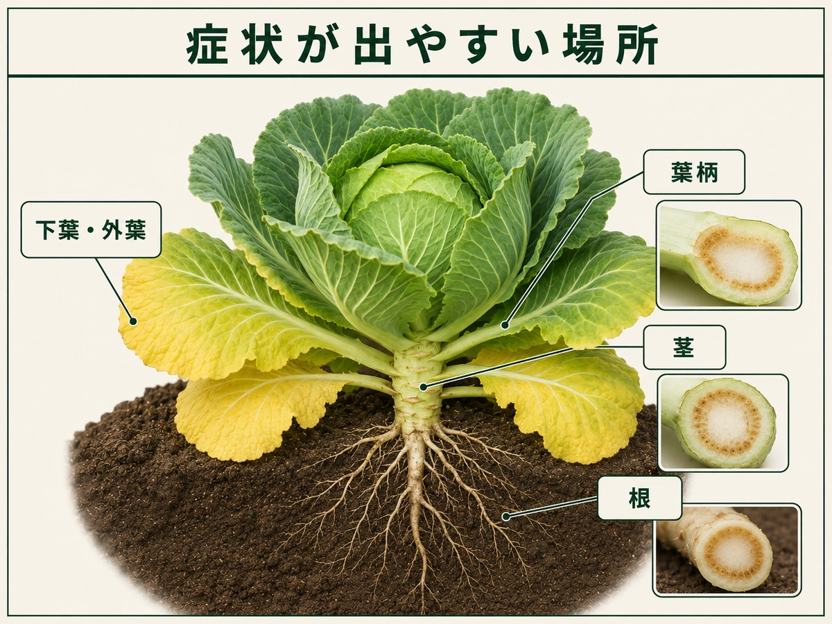 キャベツ萎黄病の症状が出やすい下葉・外葉、葉柄、茎、根を示した図解