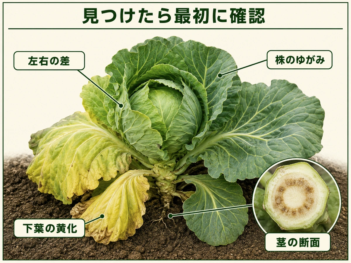 キャベツ萎黄病を見つけたときに確認する左右差、株のゆがみ、下葉の黄化、茎断面の維管束褐変を示した図解